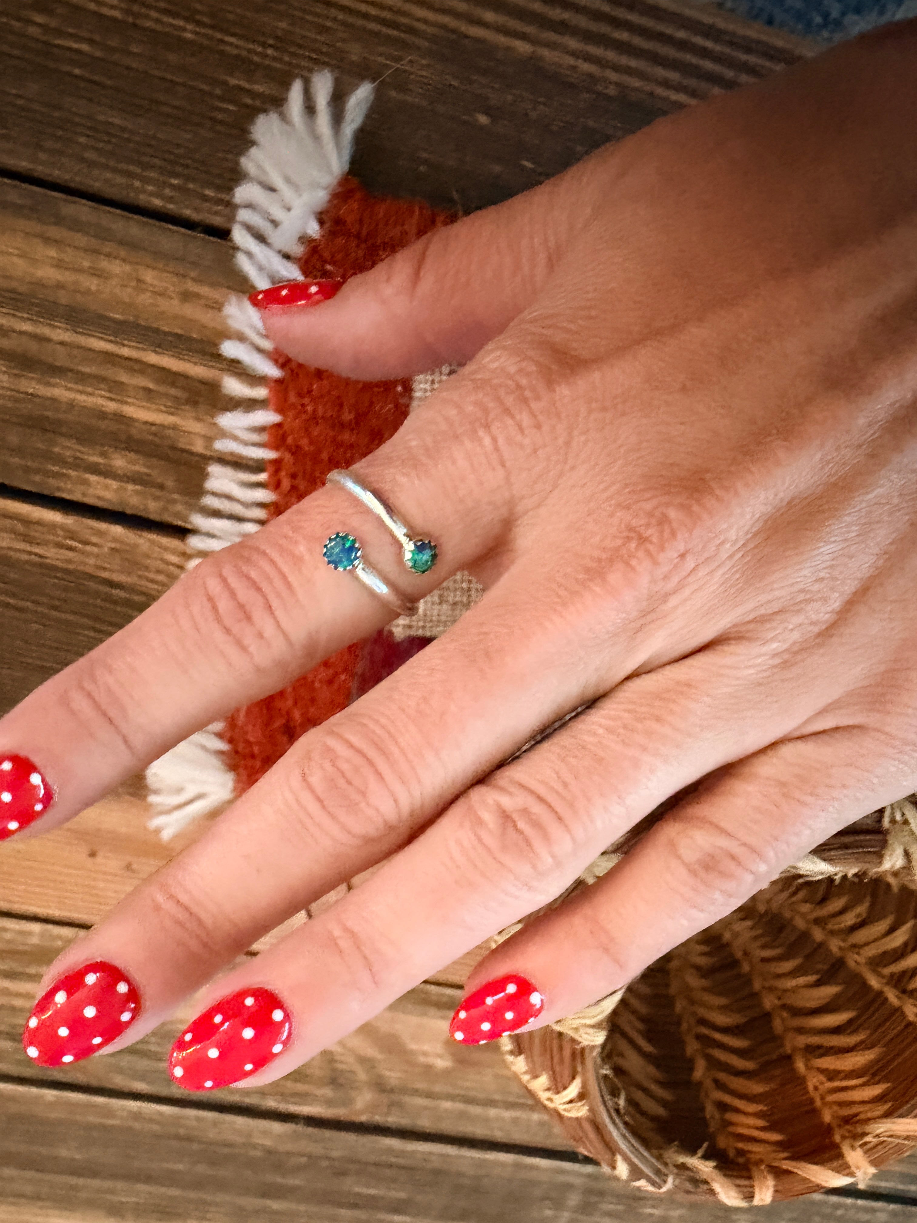 Handcrafted Blue Green Opal & Sterling Silver Adjustable Ring