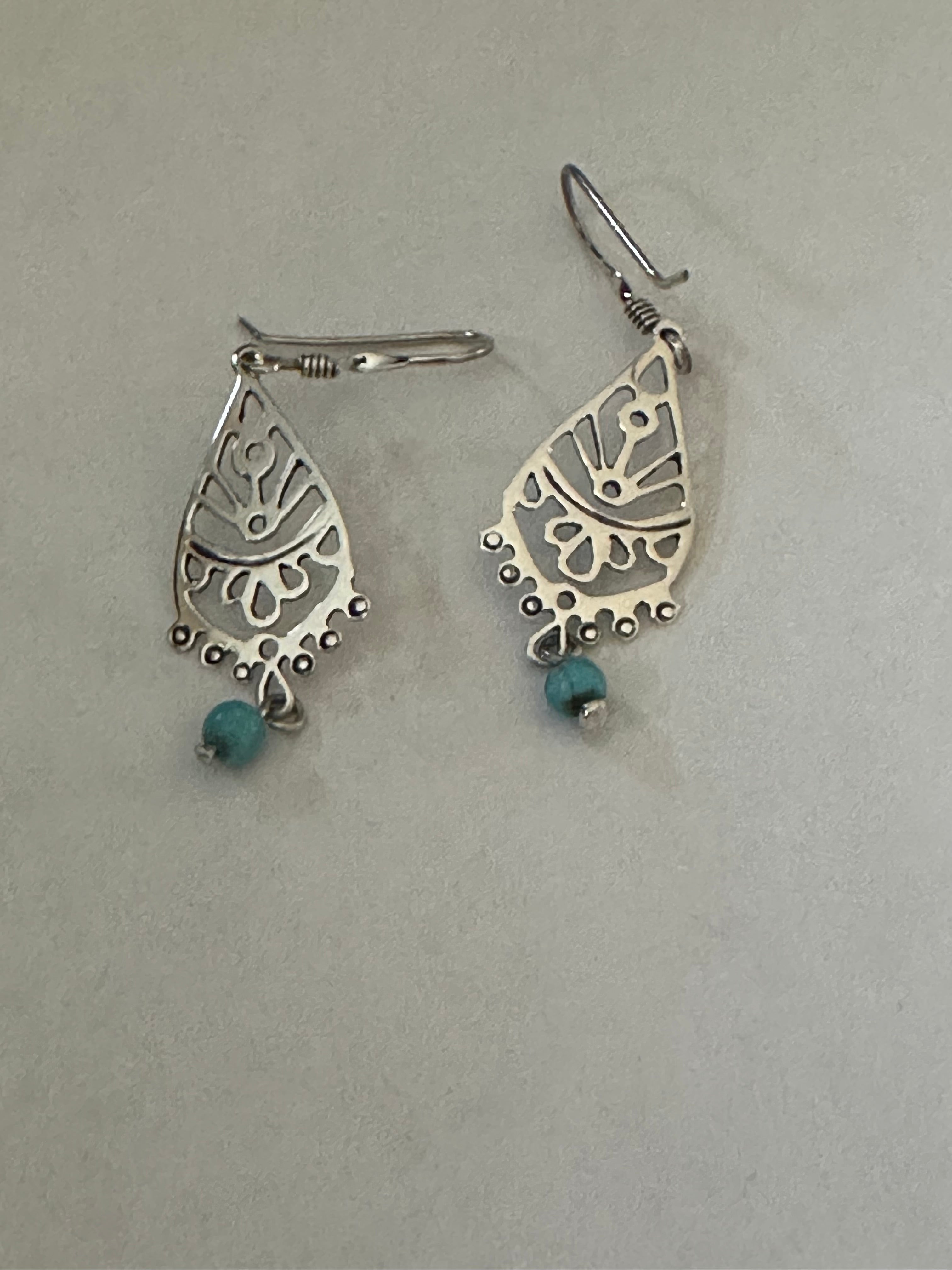 Ornate Teardrop Earrings w/ Turquoise Bead