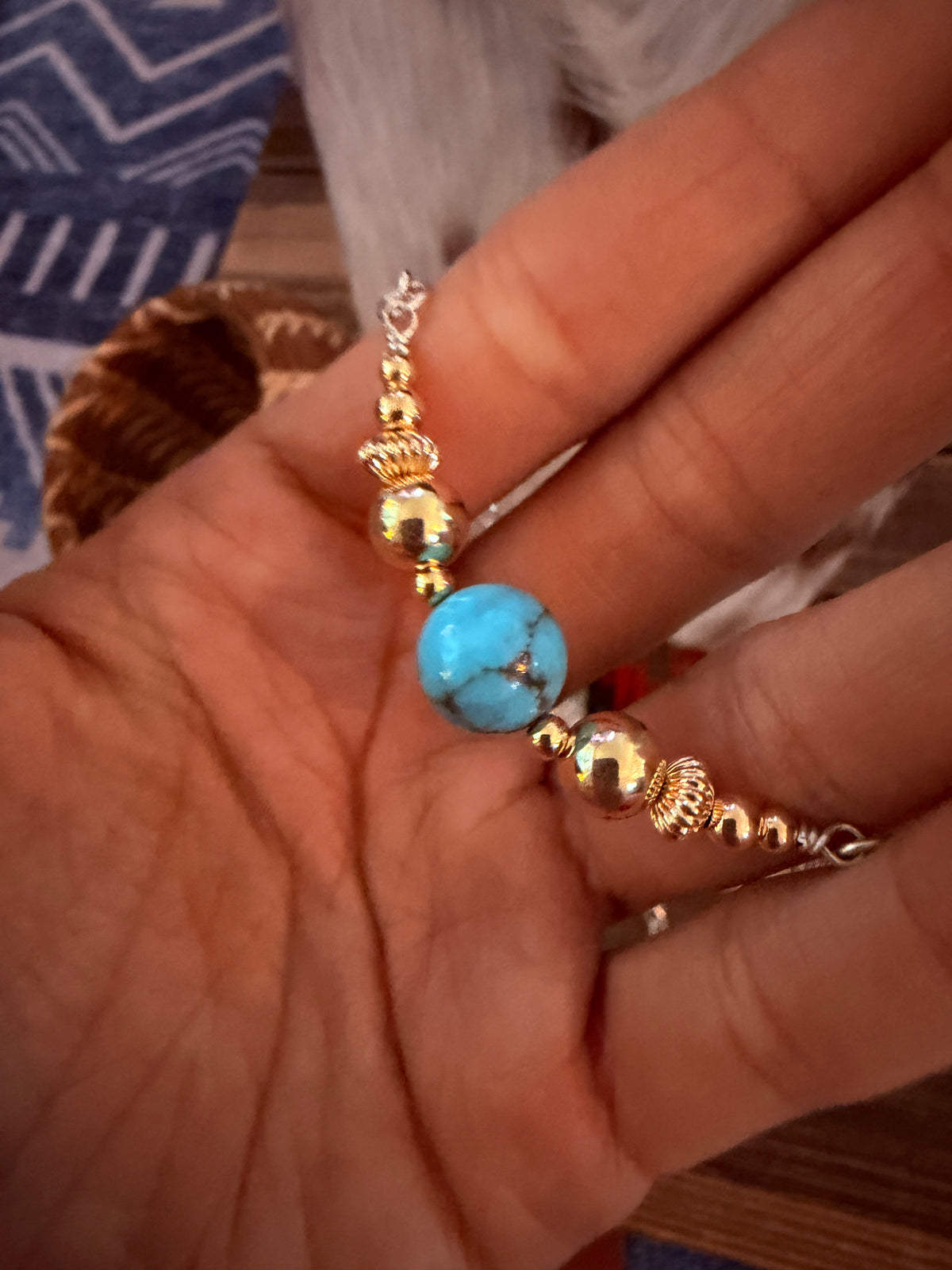 Handcrafted Sterling Silver, Gold & Turquoise Beaded 16” Necklace