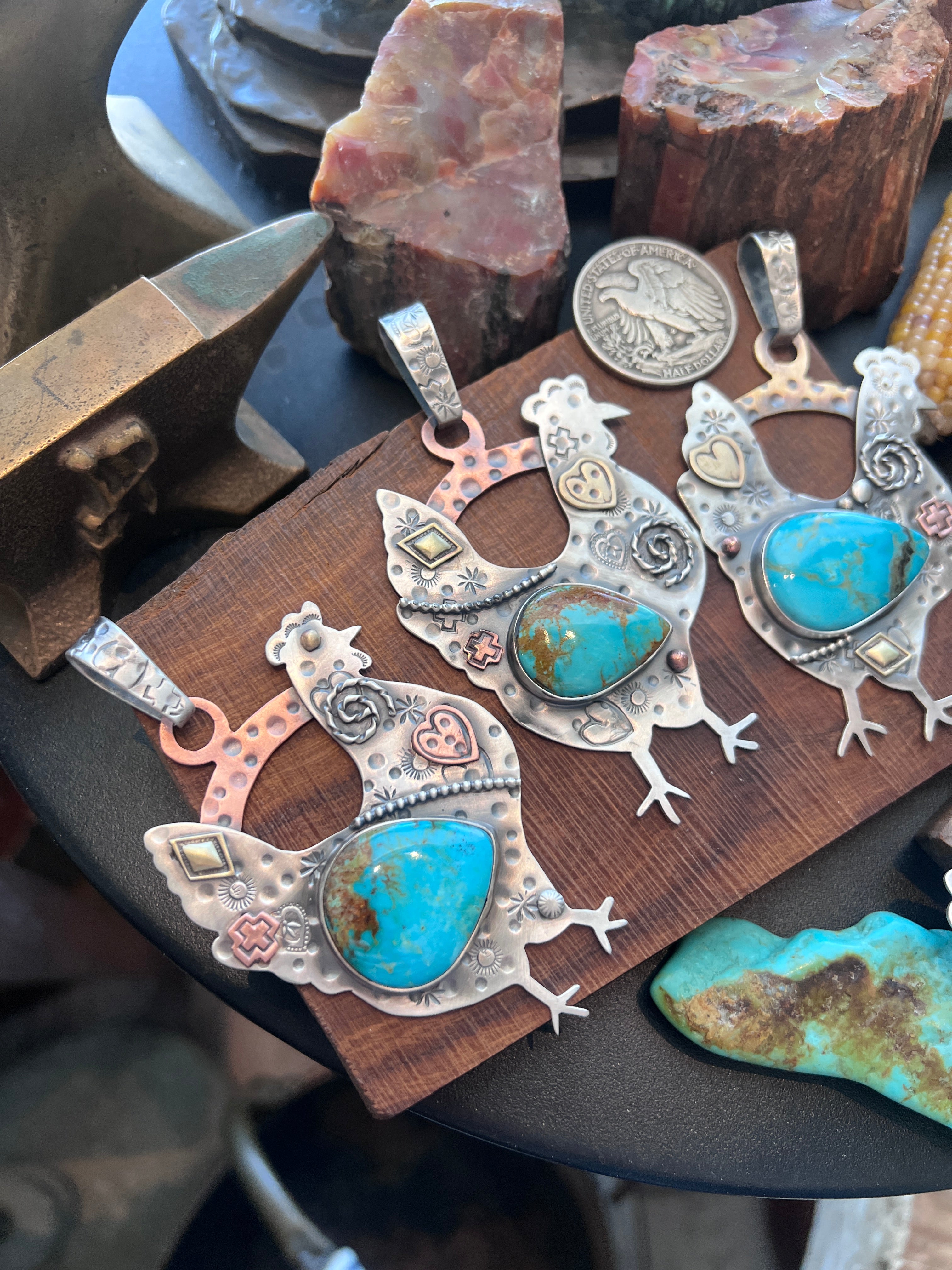 The Nizhoni Cluckers: Hand Stamped and Layered Sterling Silver, Brass, Copper & Kingman Turquoise Chicken Pendants by Kimari Somers