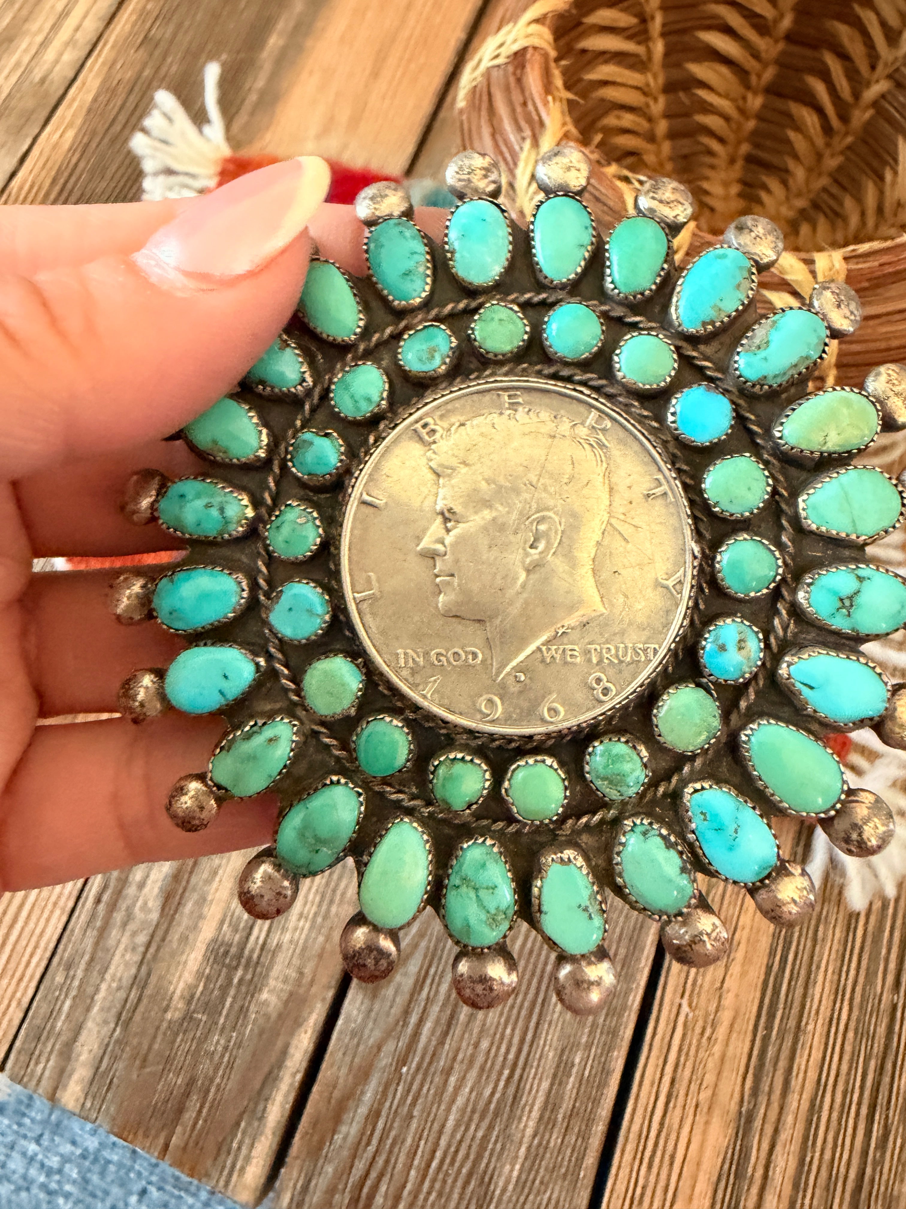 Old Pawn Handcrafted Turquoise and Sterling Silver Liberty Coin Cluster Brooch