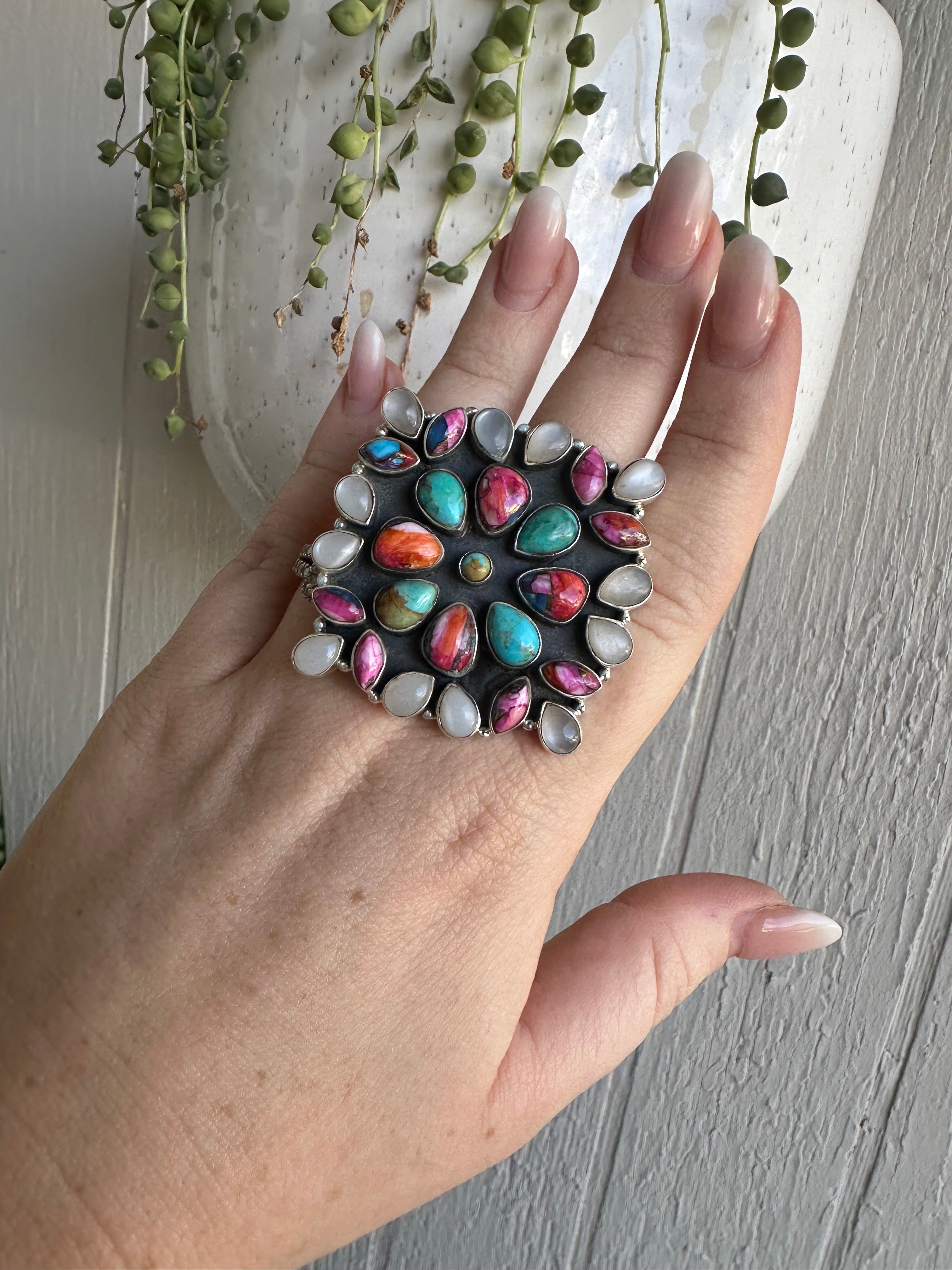 Beautiful Handmade Mother of Pearl, Pink Dream Mojave, Turquoise And Sterling Silver Adjustable Statement Ring