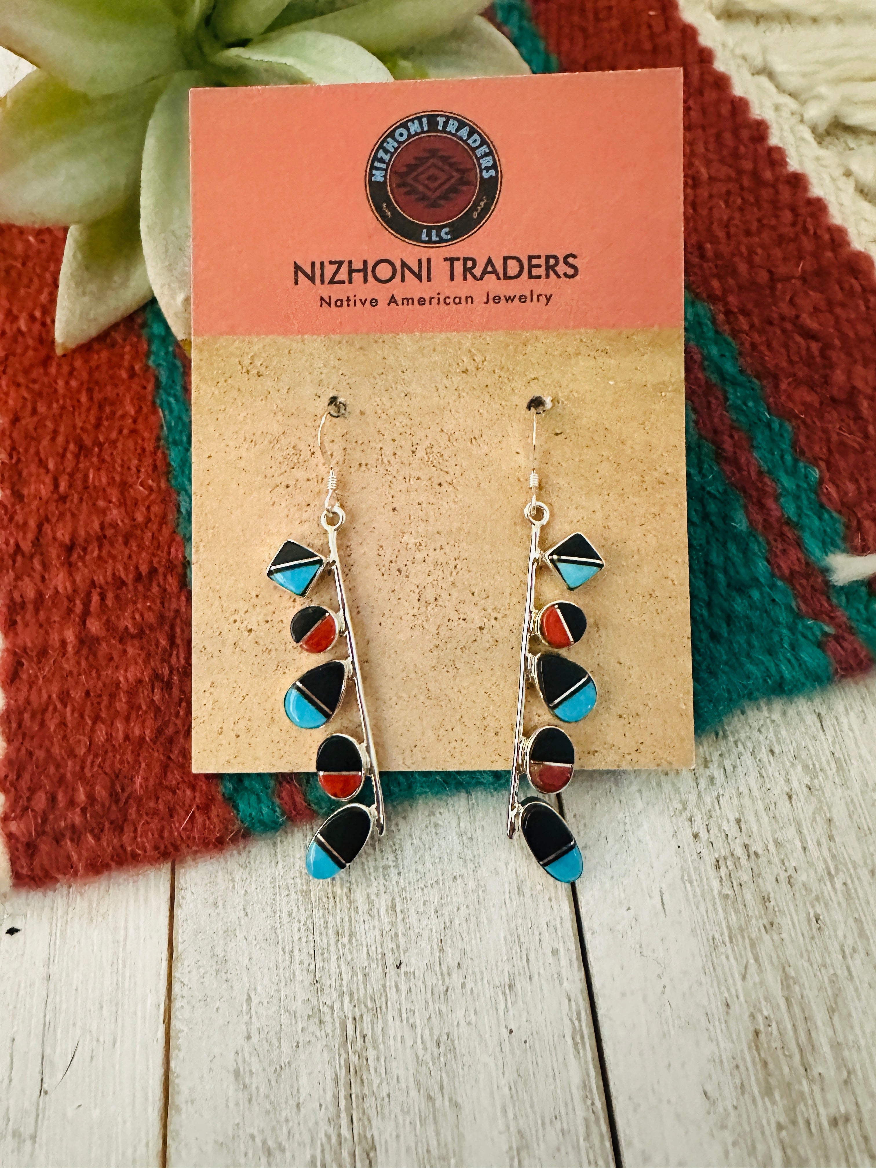 Navajo Multi Stone & Sterling Silver Inlay Dangle Earrings