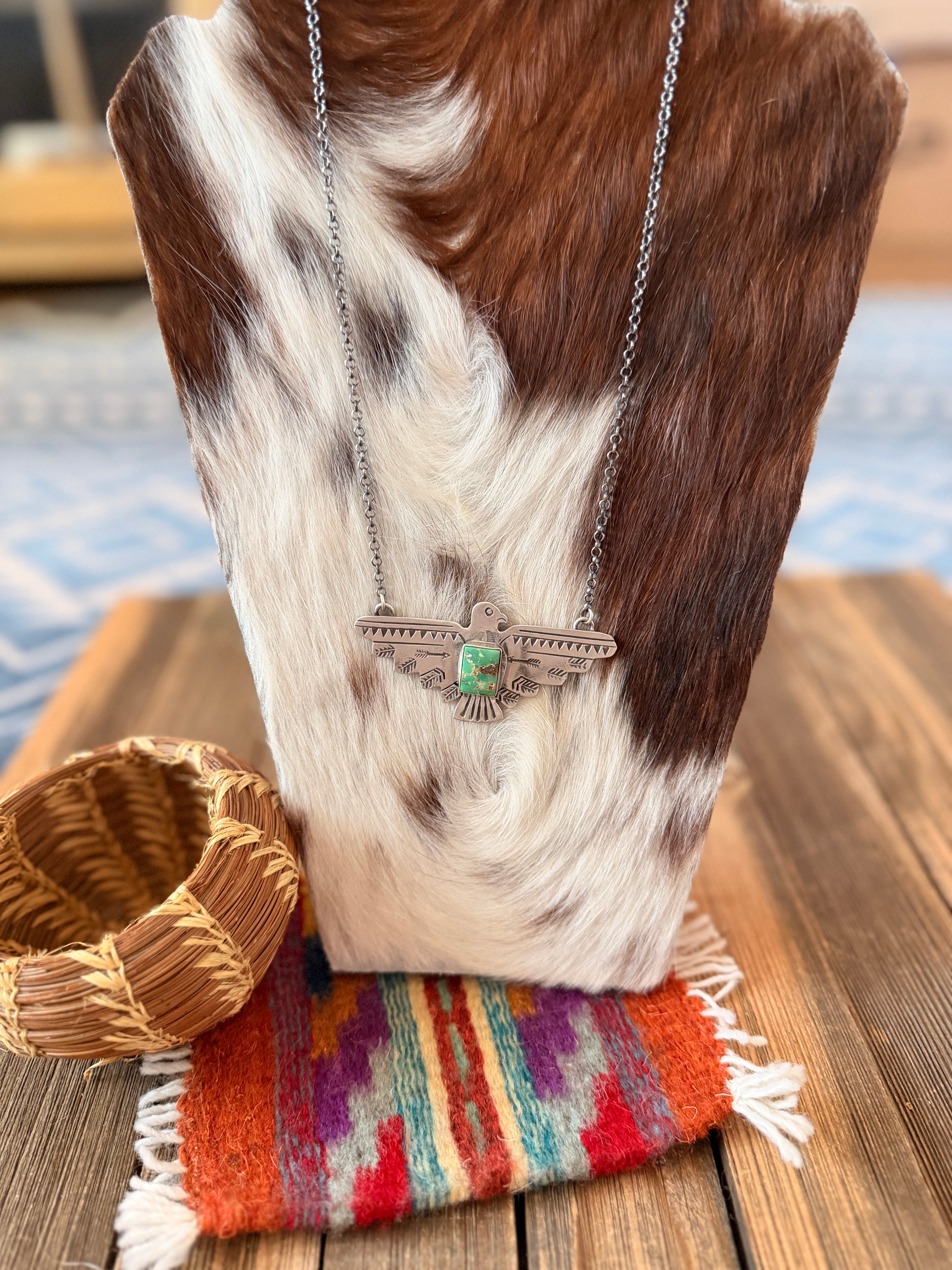 Handcrafted Turquoise & Sterling Silver Thunderbird Necklace by Russell Sam