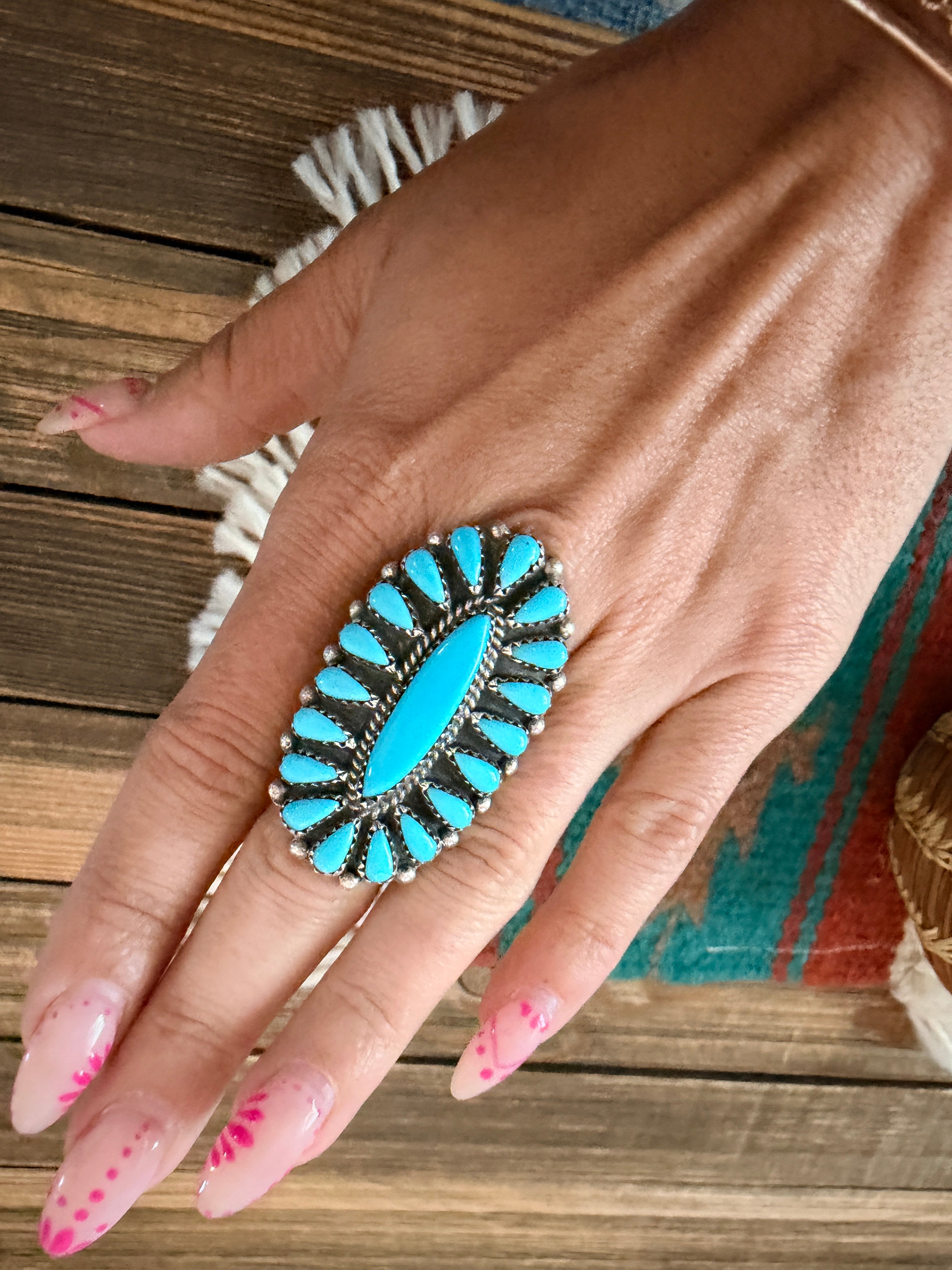 Old Pawn Handcrafted Turquoise & Sterling Silver Cluster Ring Size 7