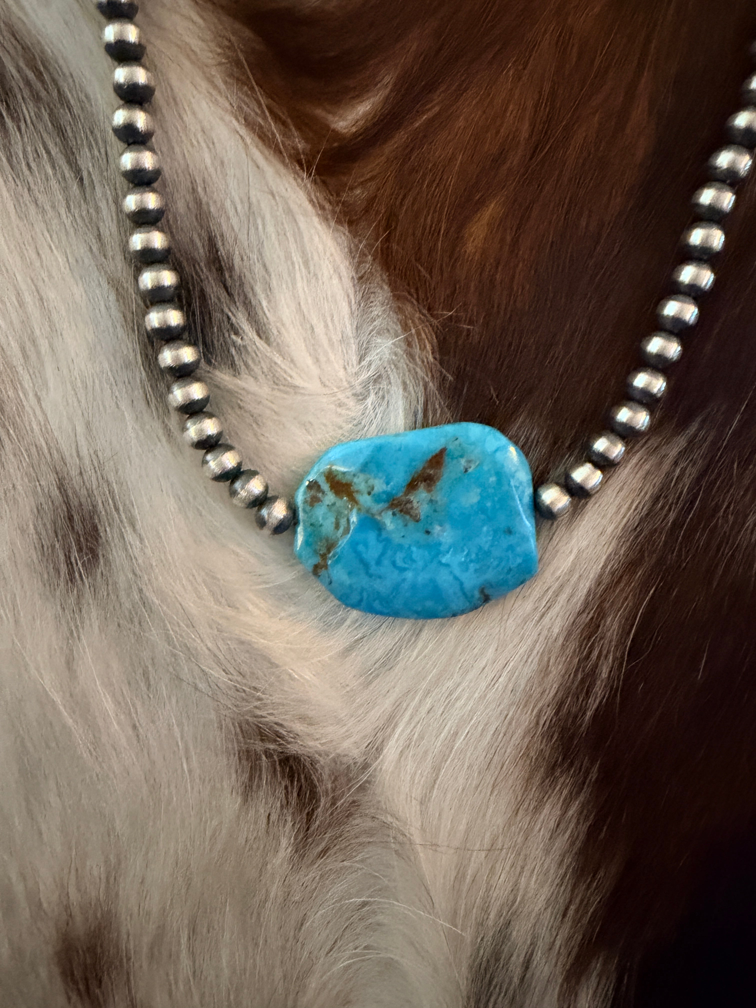 Handcrafted Kingman Turquoise & Sterling Silver Pearl 18” Beaded Necklace