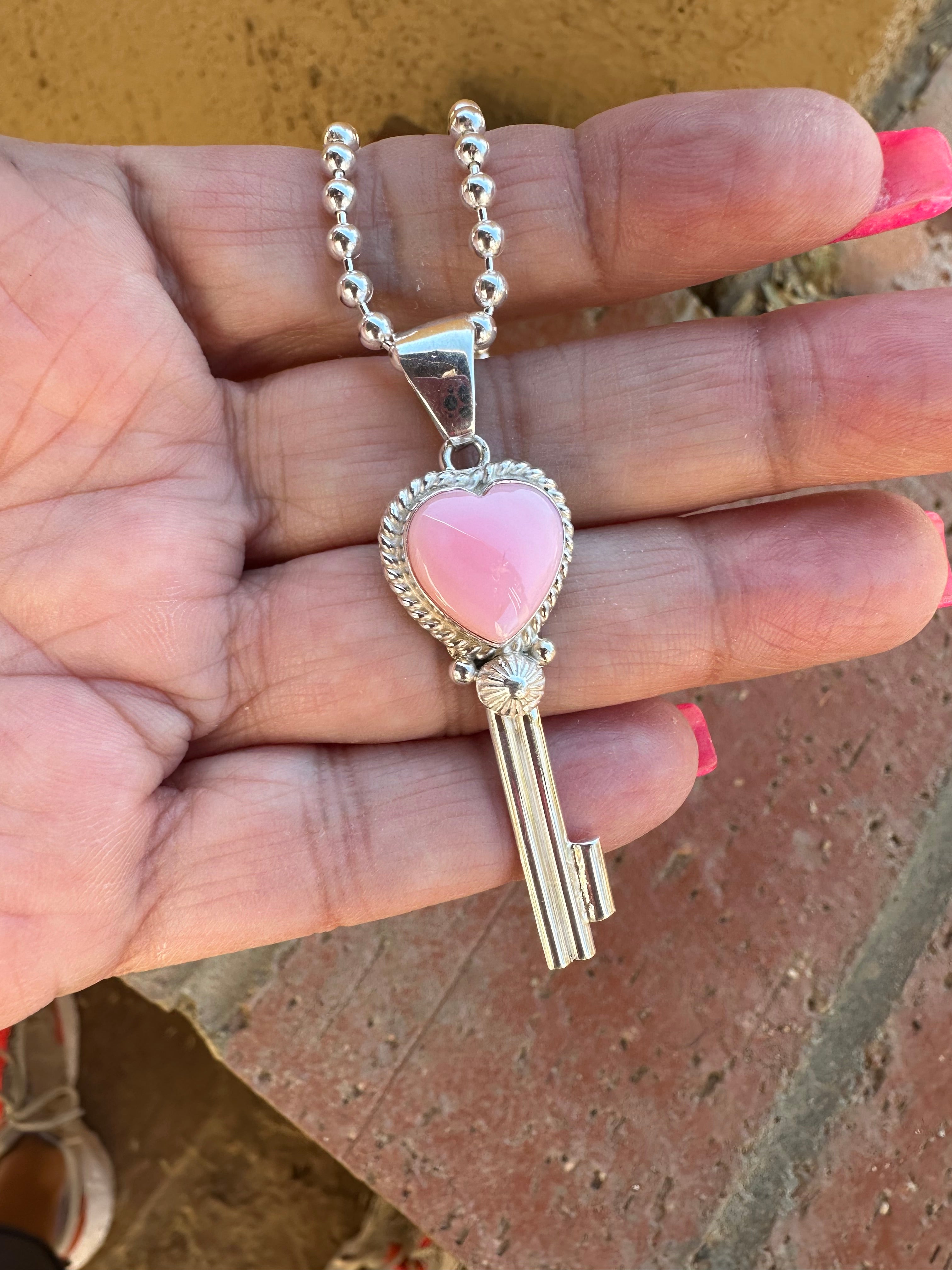 Key To My Heart Navajo Heart Queen Pink Conch & Sterling Silver Pendant Signed