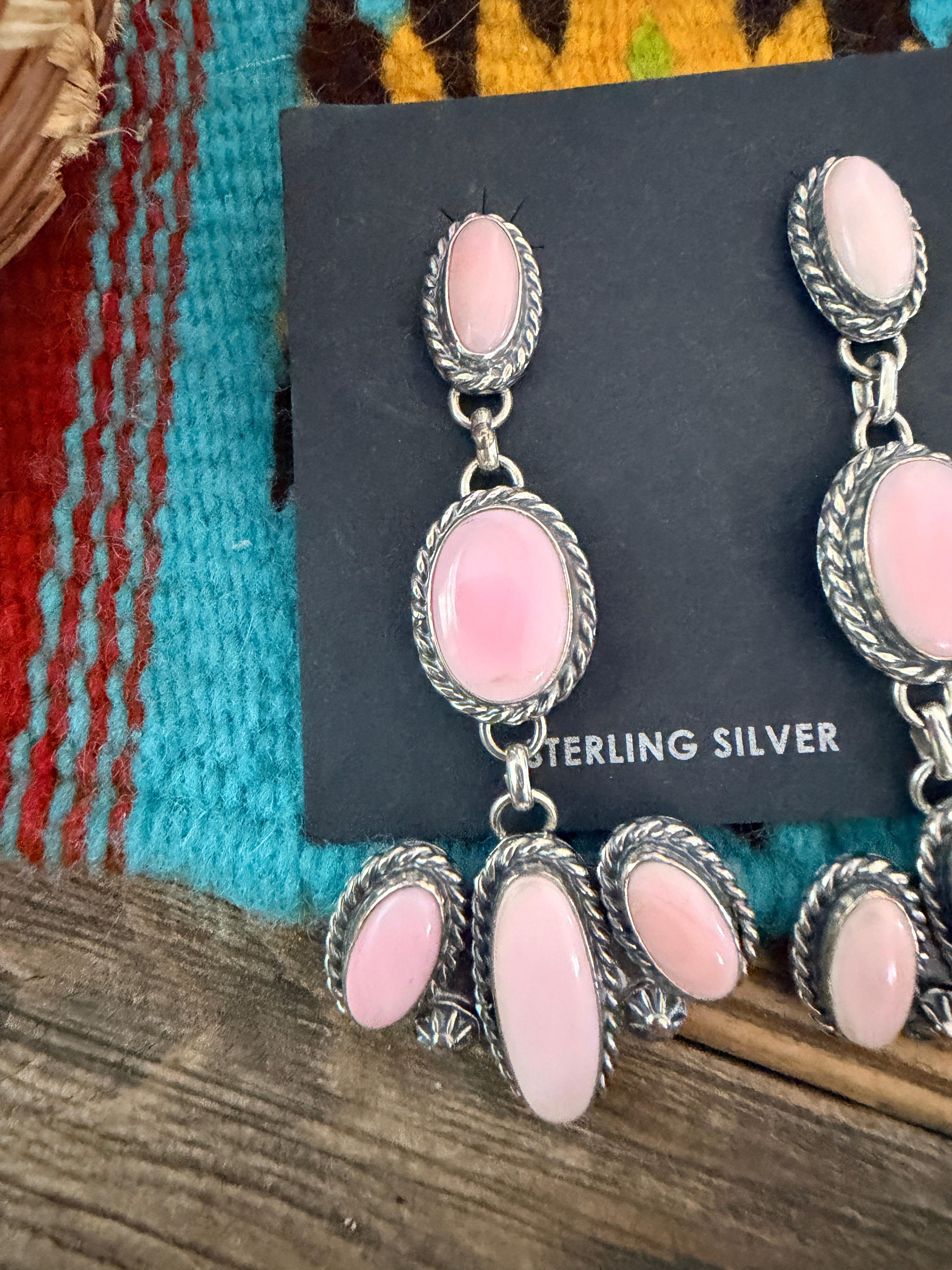 Handcrafted Queen Pink Conch & Sterling Silver Cluster Dangle Earrings