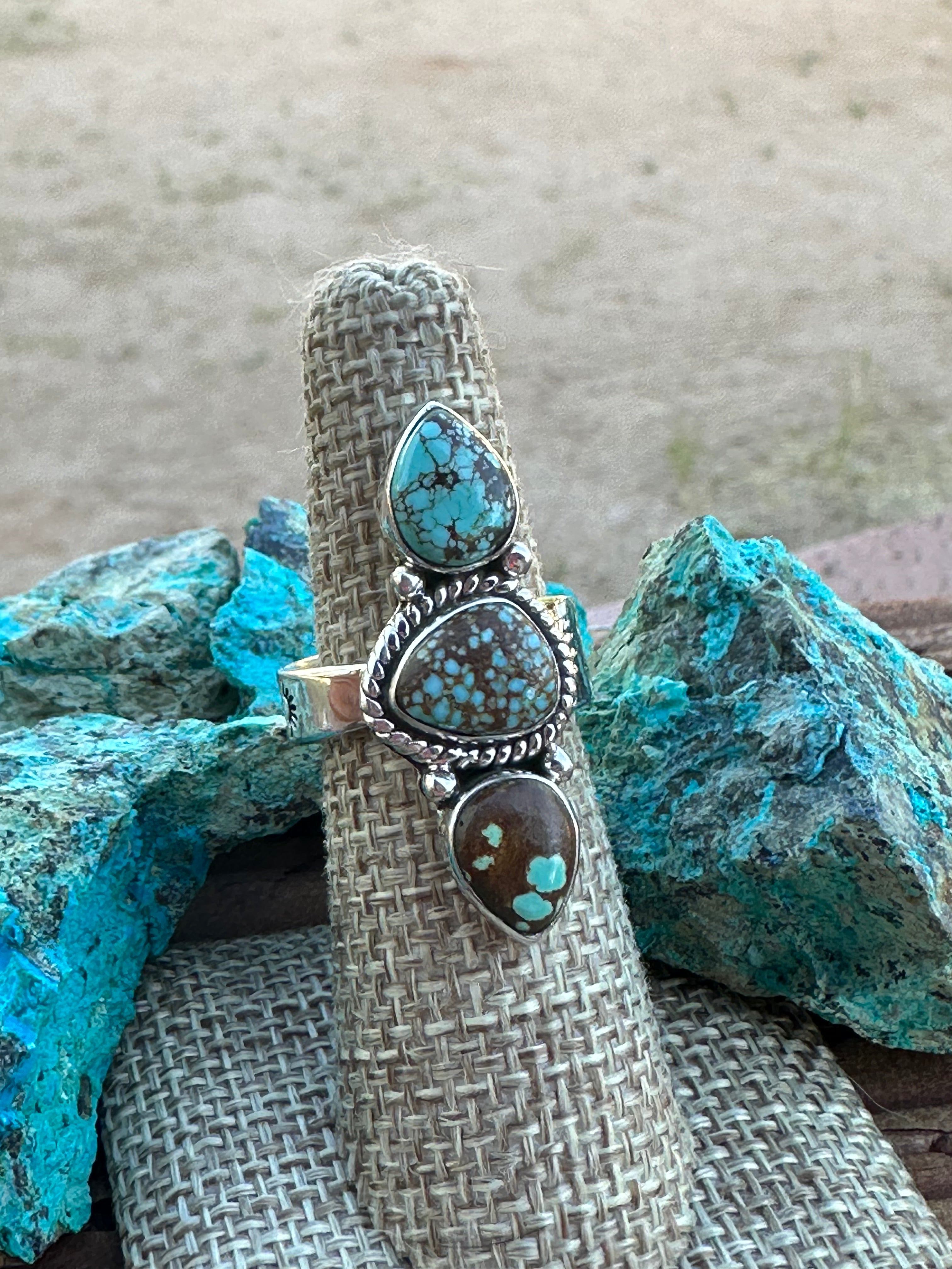 Handmade Sterling Silver & Three Stone Number 8 Turquoise Adjustable Ring