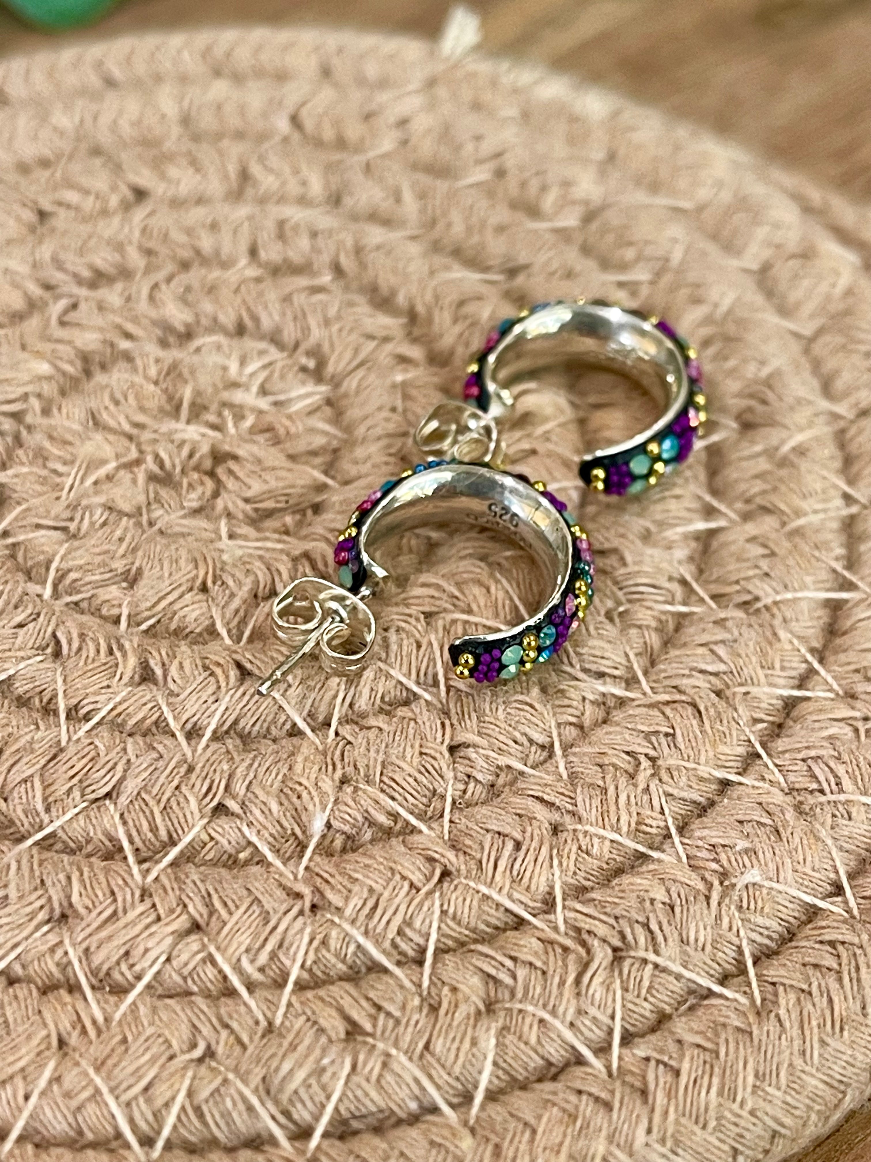Handmade In Mexico Sterling Silver  , Multi Color Swarovski Crsytal Hoop Earrings