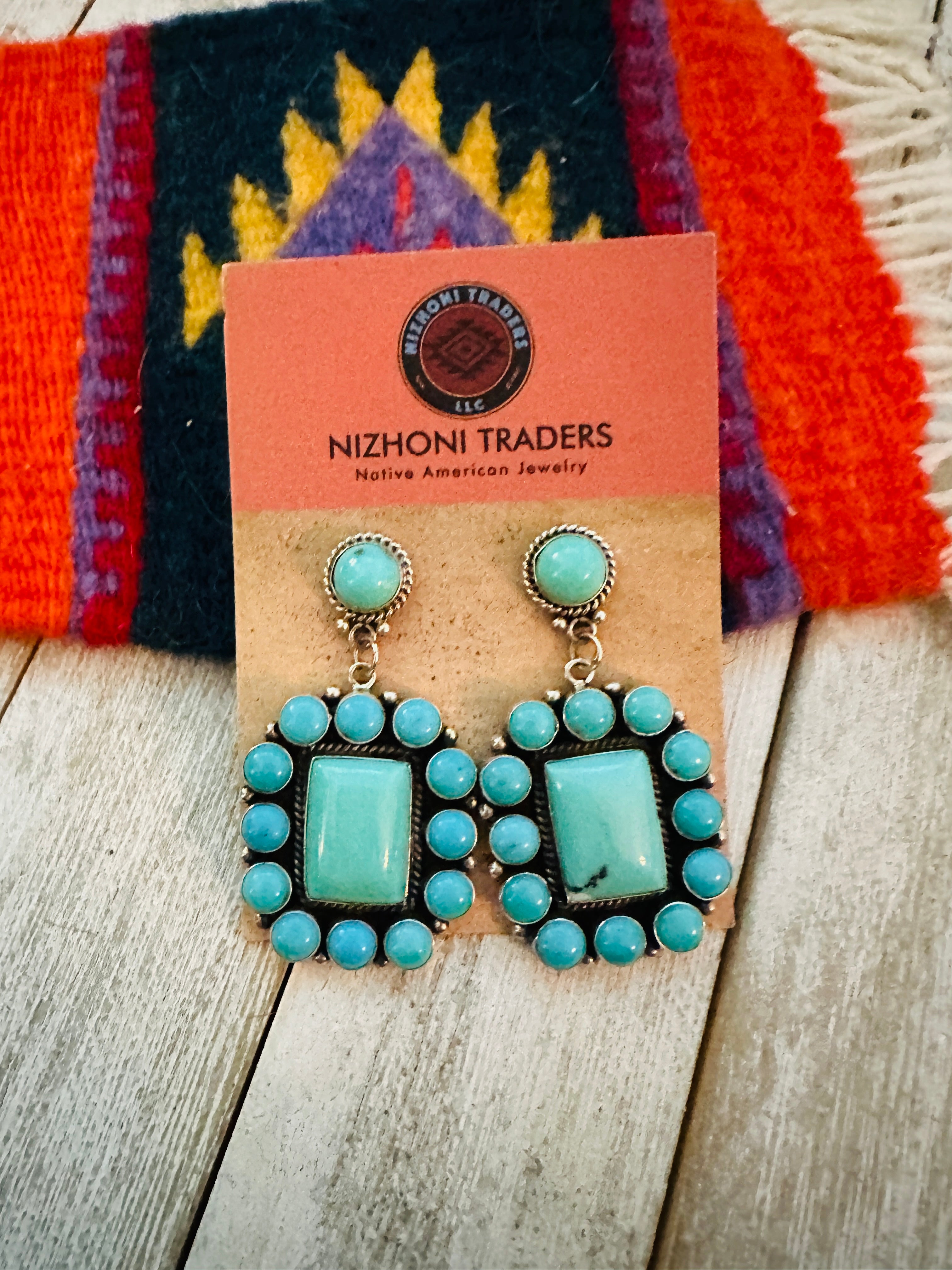 Navajo Sterling Silver & Turquoise Cluster Dangle Earrings