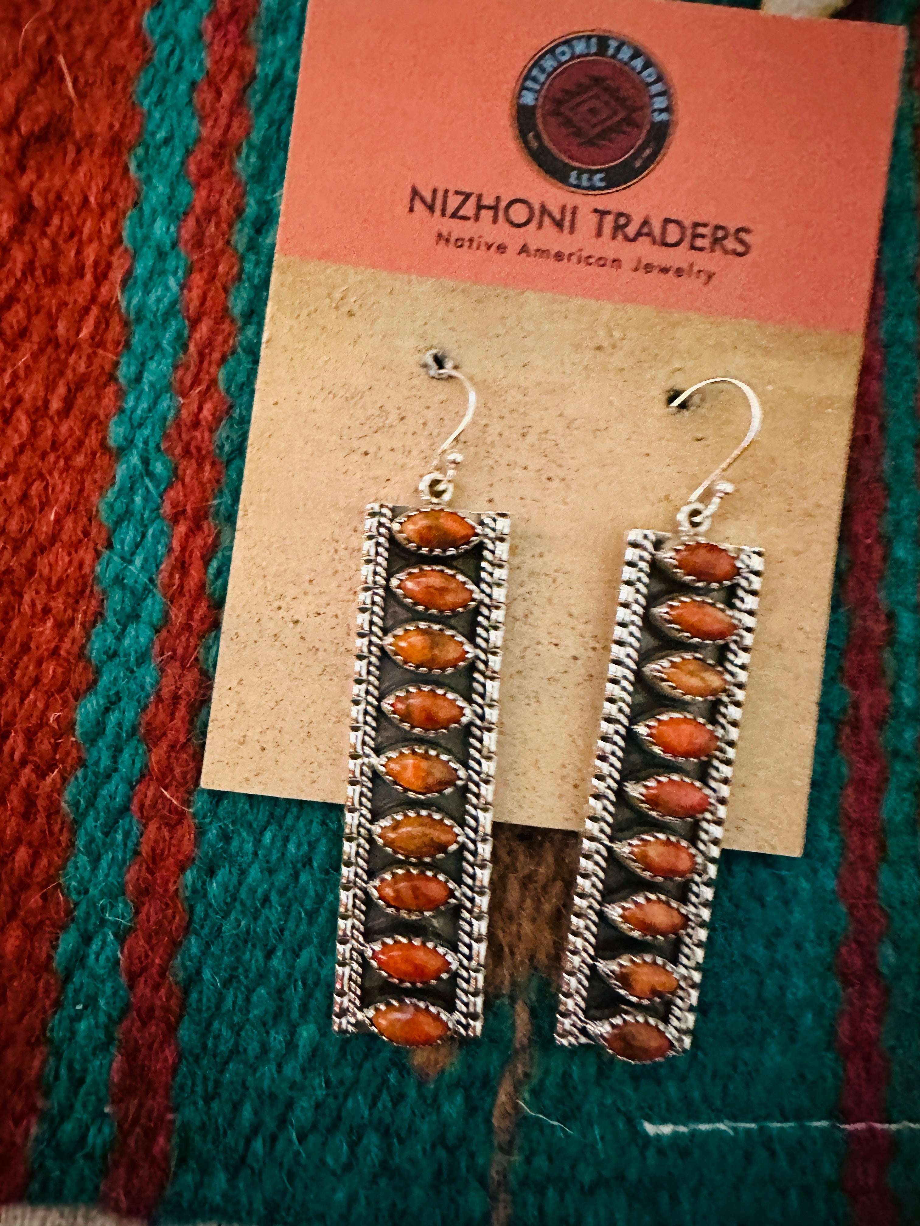 Handmade Orange Spiny & Sterling Silver Dangle Earrings Signed Nizhoni