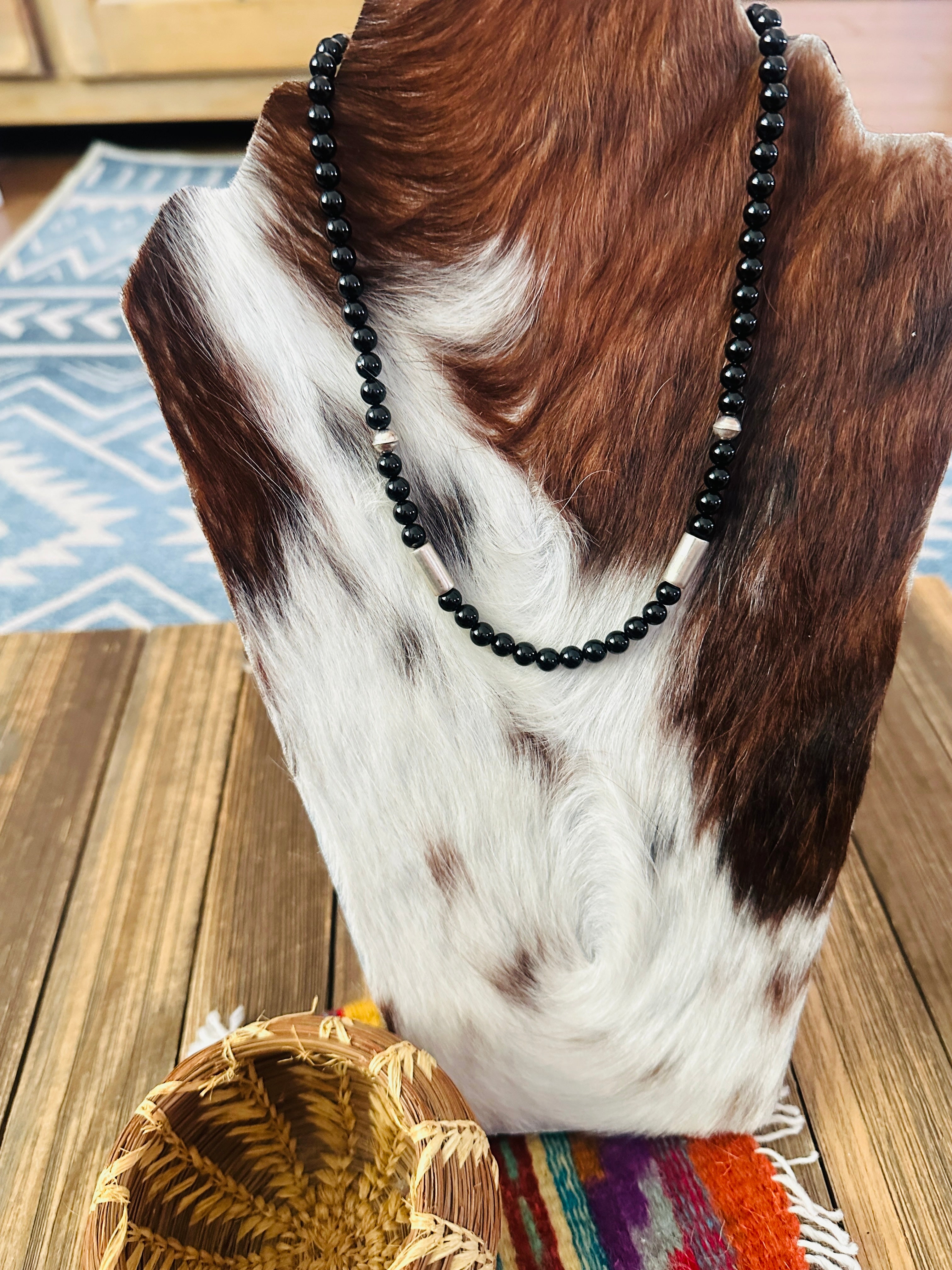 Handcrafted Black Onyx & Sterling Silver Beaded 18” Necklace by T & R Singer