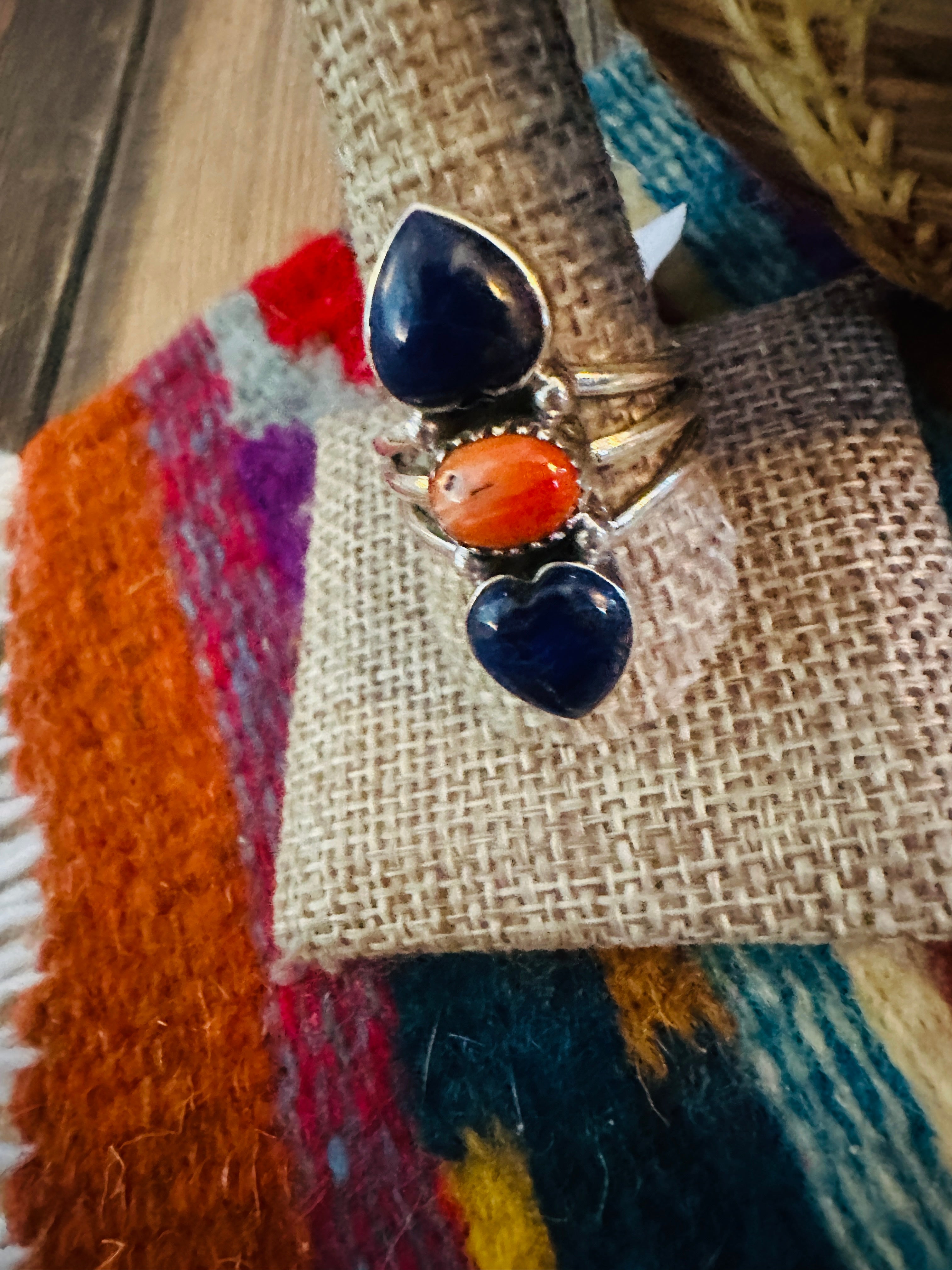 Handcrafted Lapis, Spiny Oyster & Sterling Silver Heart Ring Size 11