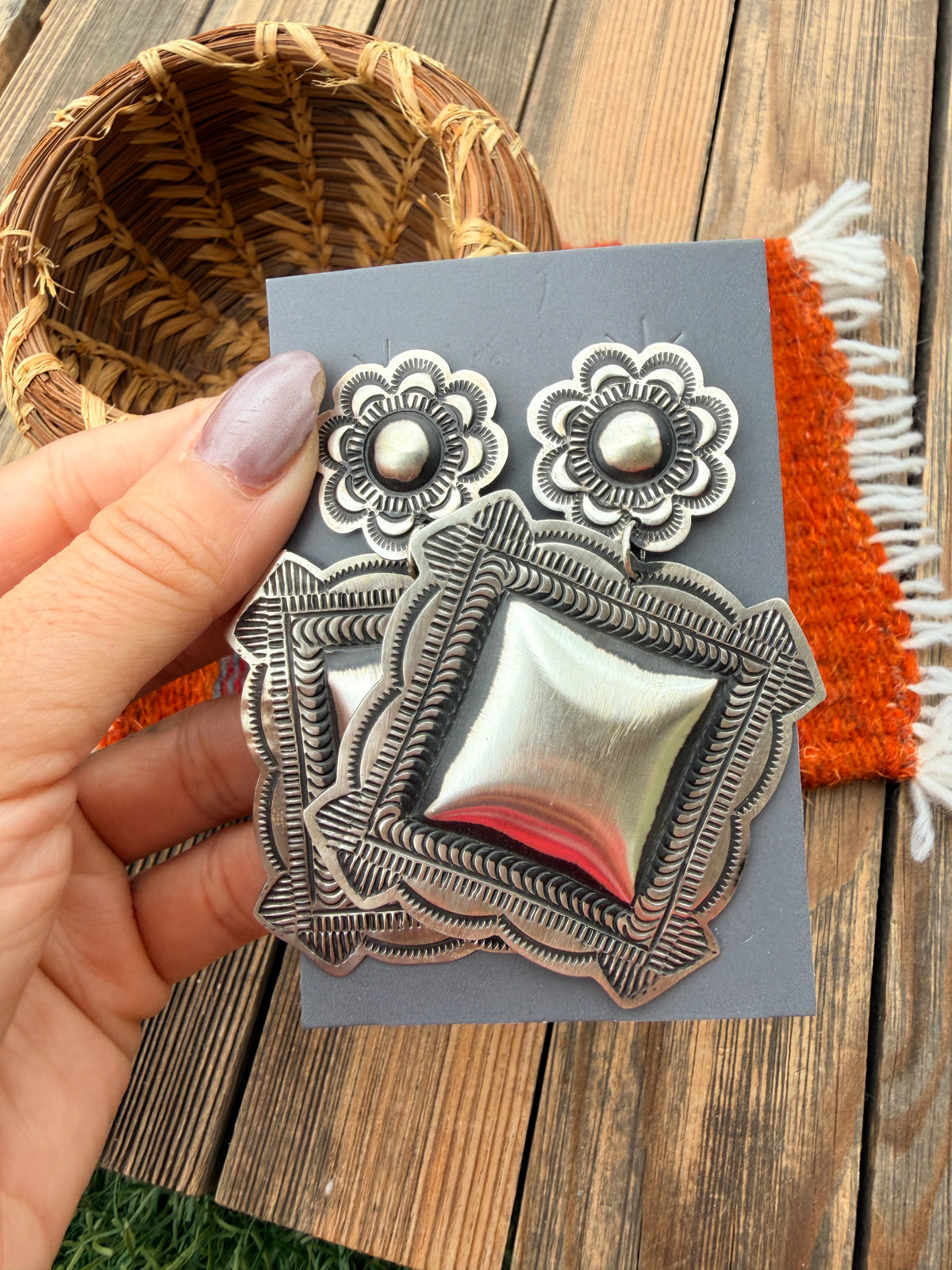 Handcrafted Sterling Silver Concho Dangle Earrings by Leander Tahe
