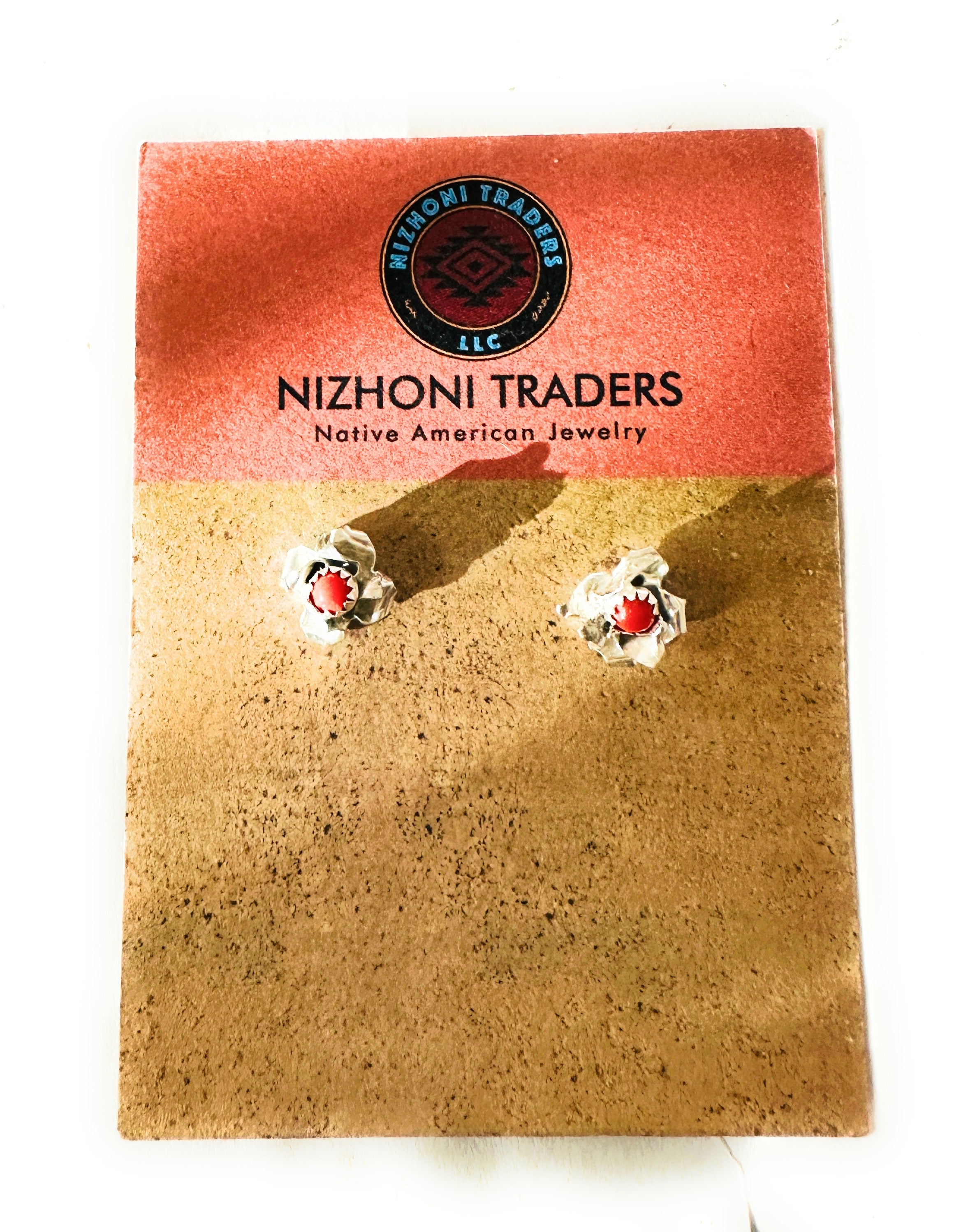 Navajo Coral and Sterling Silver Flower Stud Earrings