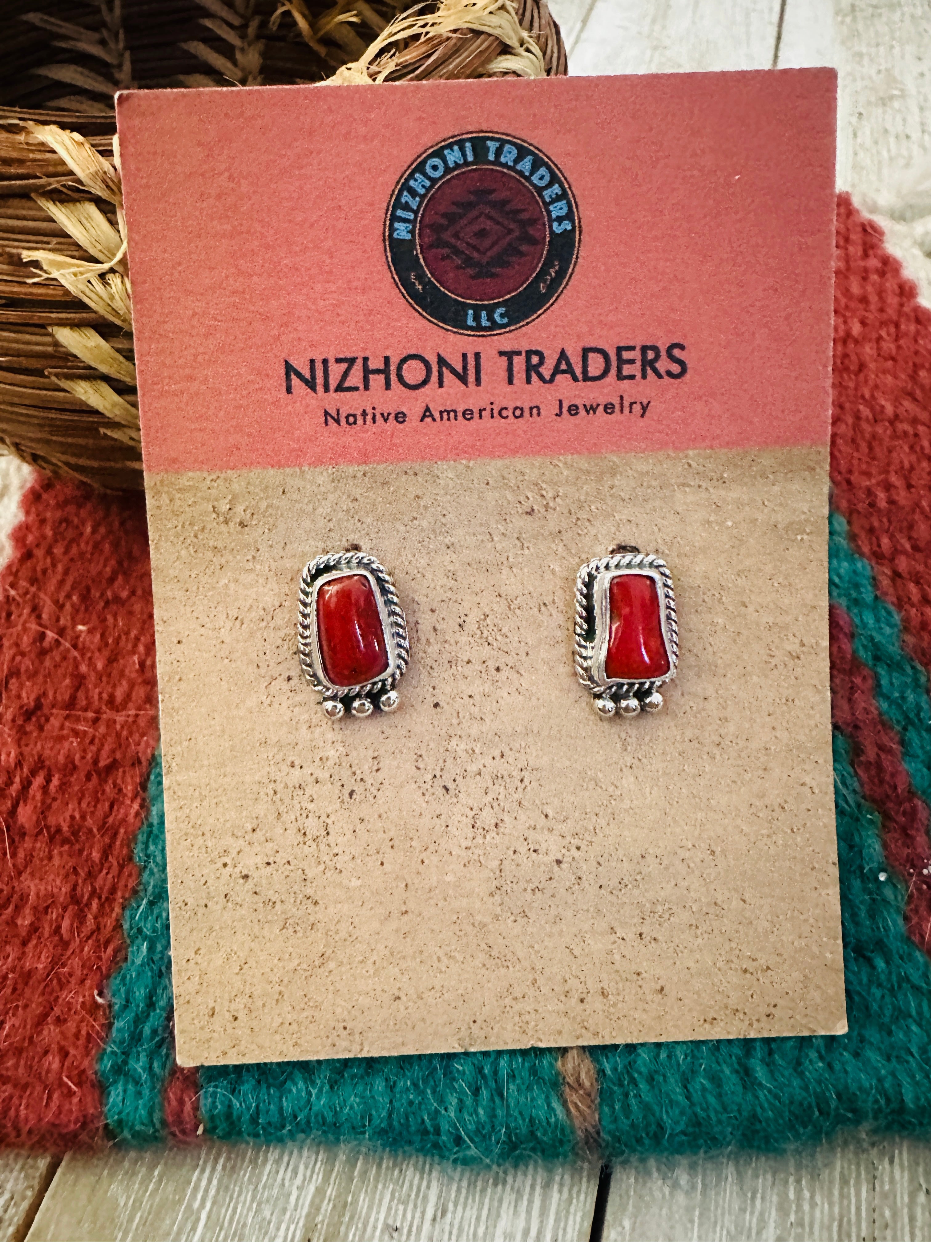 Handcrafted Sterling Silver & Coral Stud Earrings