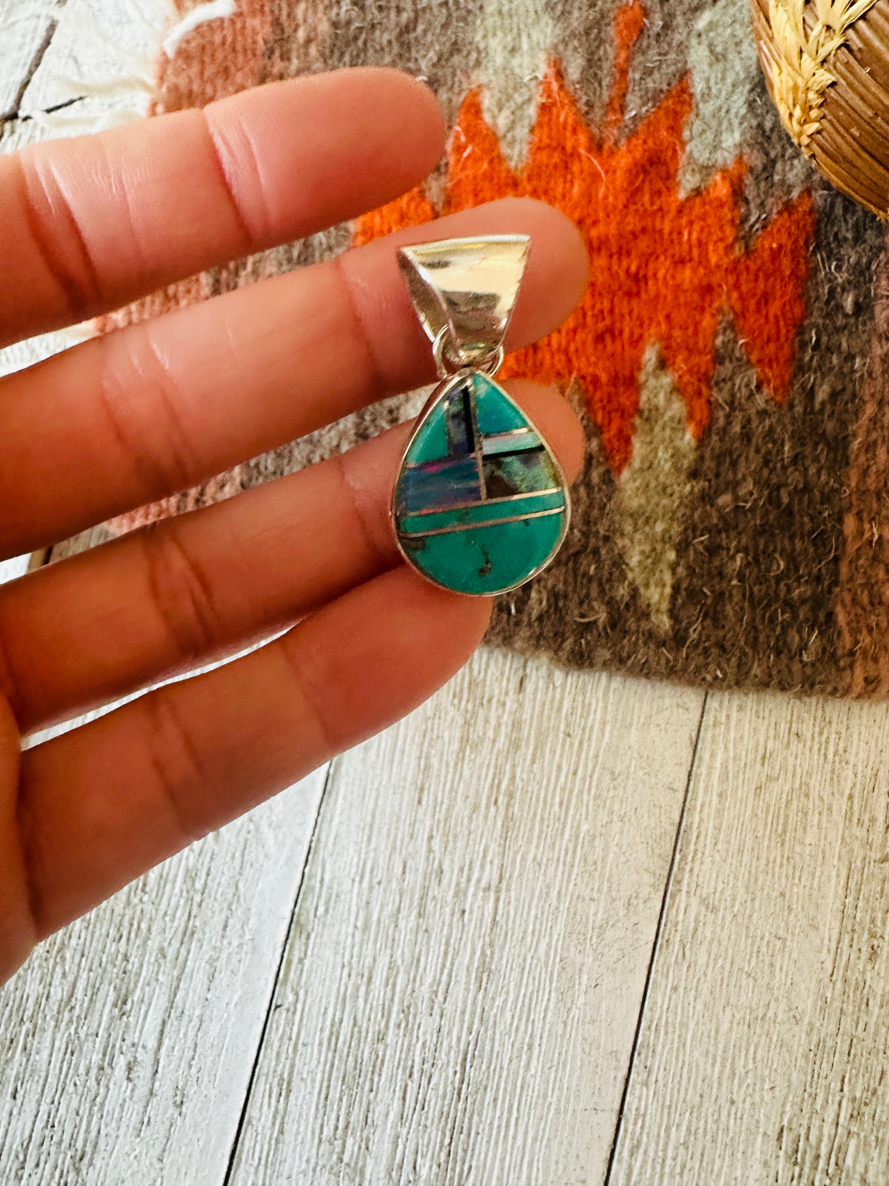 Navajo Multi Stone & Sterling Silver Inlay Teardrop Pendant