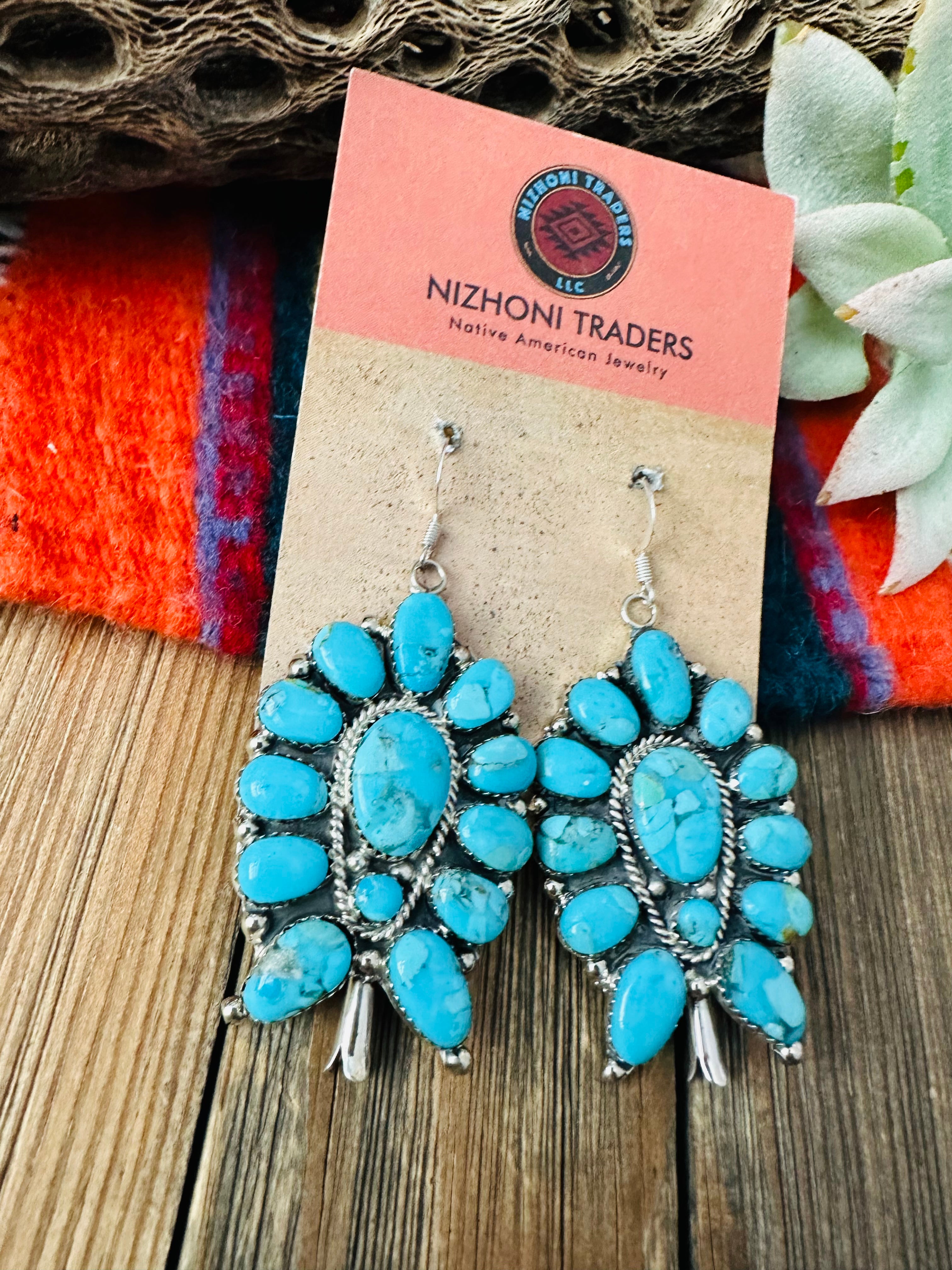 Navajo Sterling Silver Turquoise Cluster Blossom Dangle Earrings