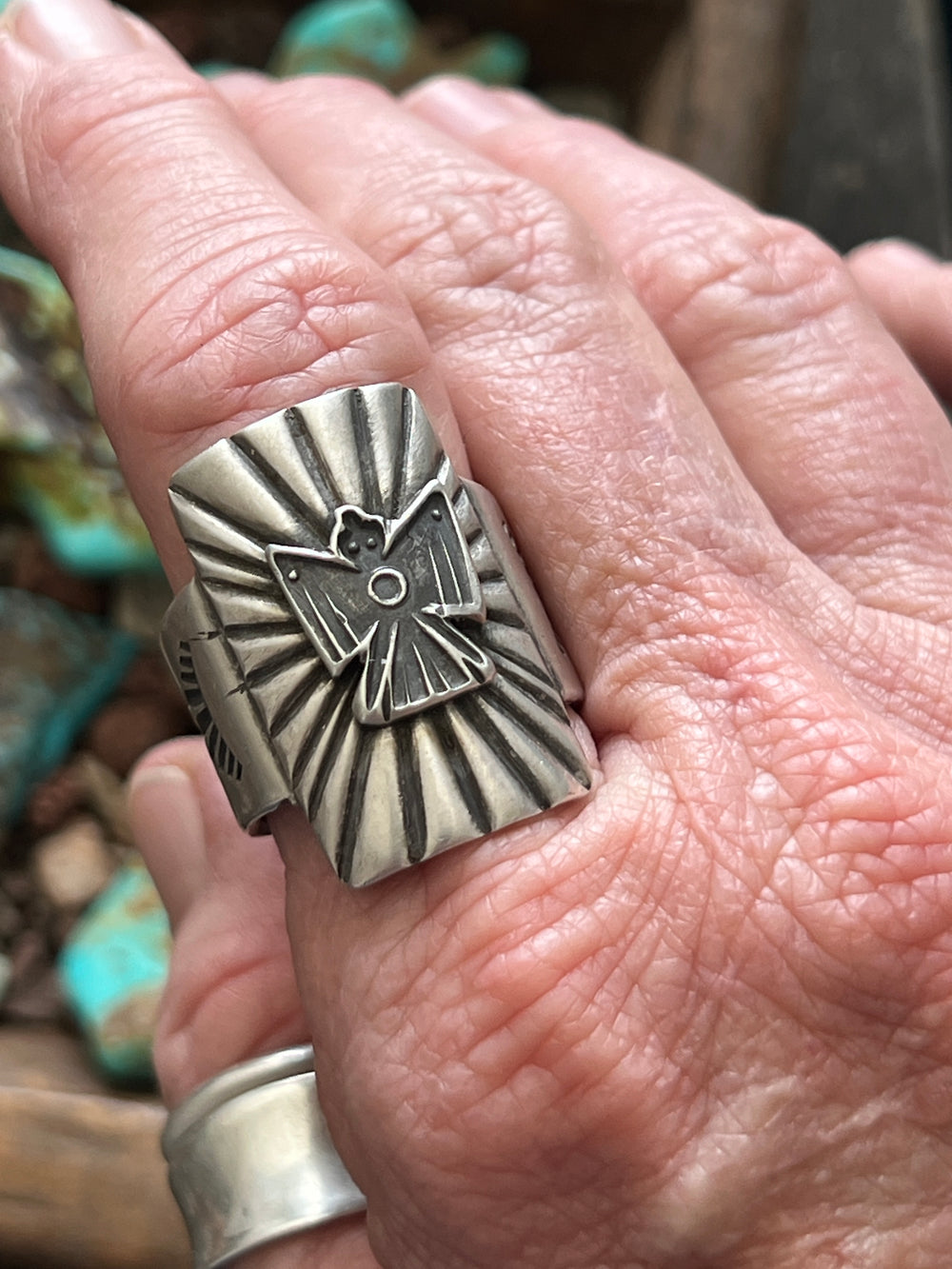 Falcon Trading Company Ingot Sterling Silver Thunderbird Ring by Joe O’Neill, Size 11.5