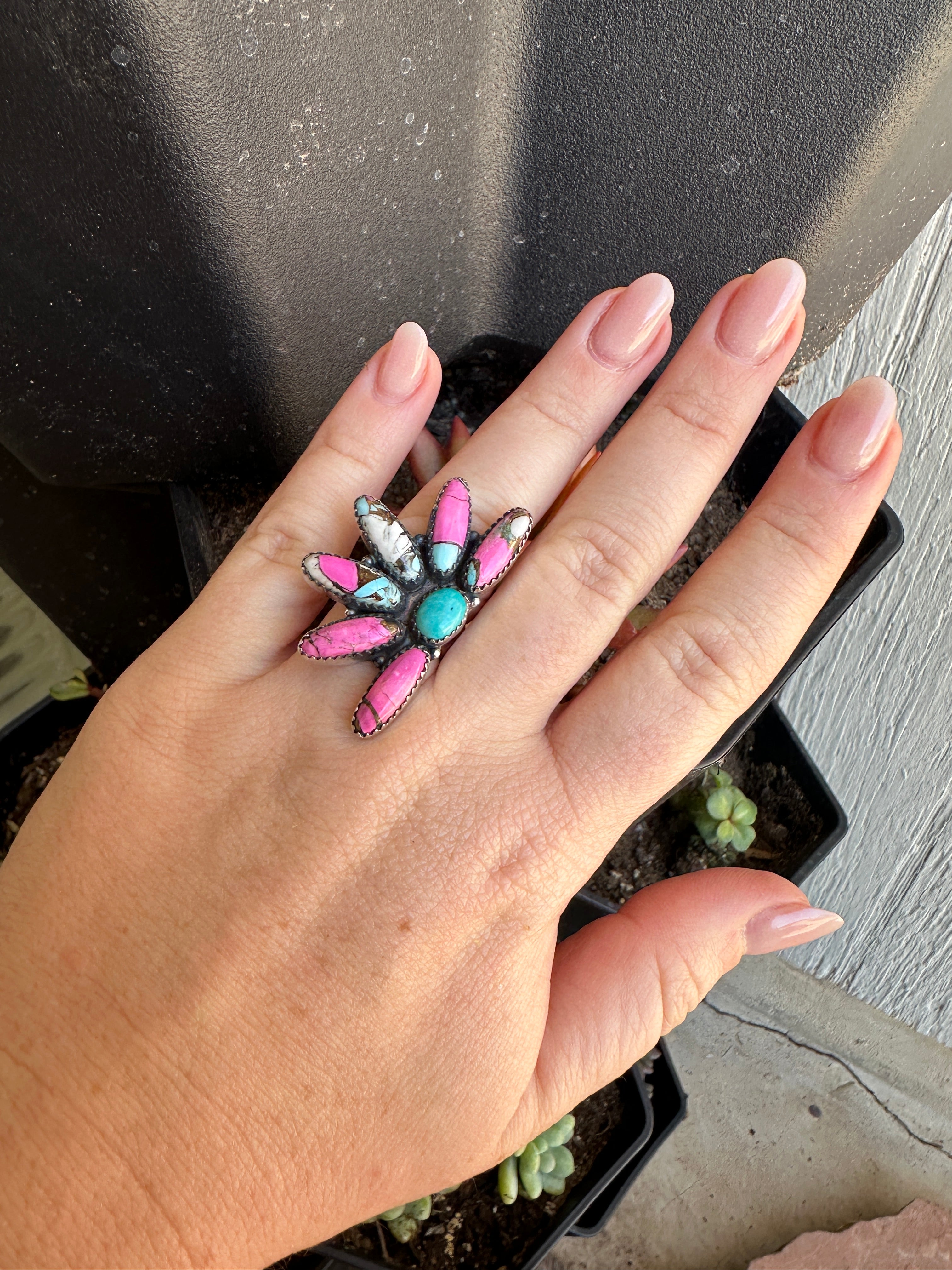 Handmade Cotton Candy Sterling Adjustable Crescent Ring