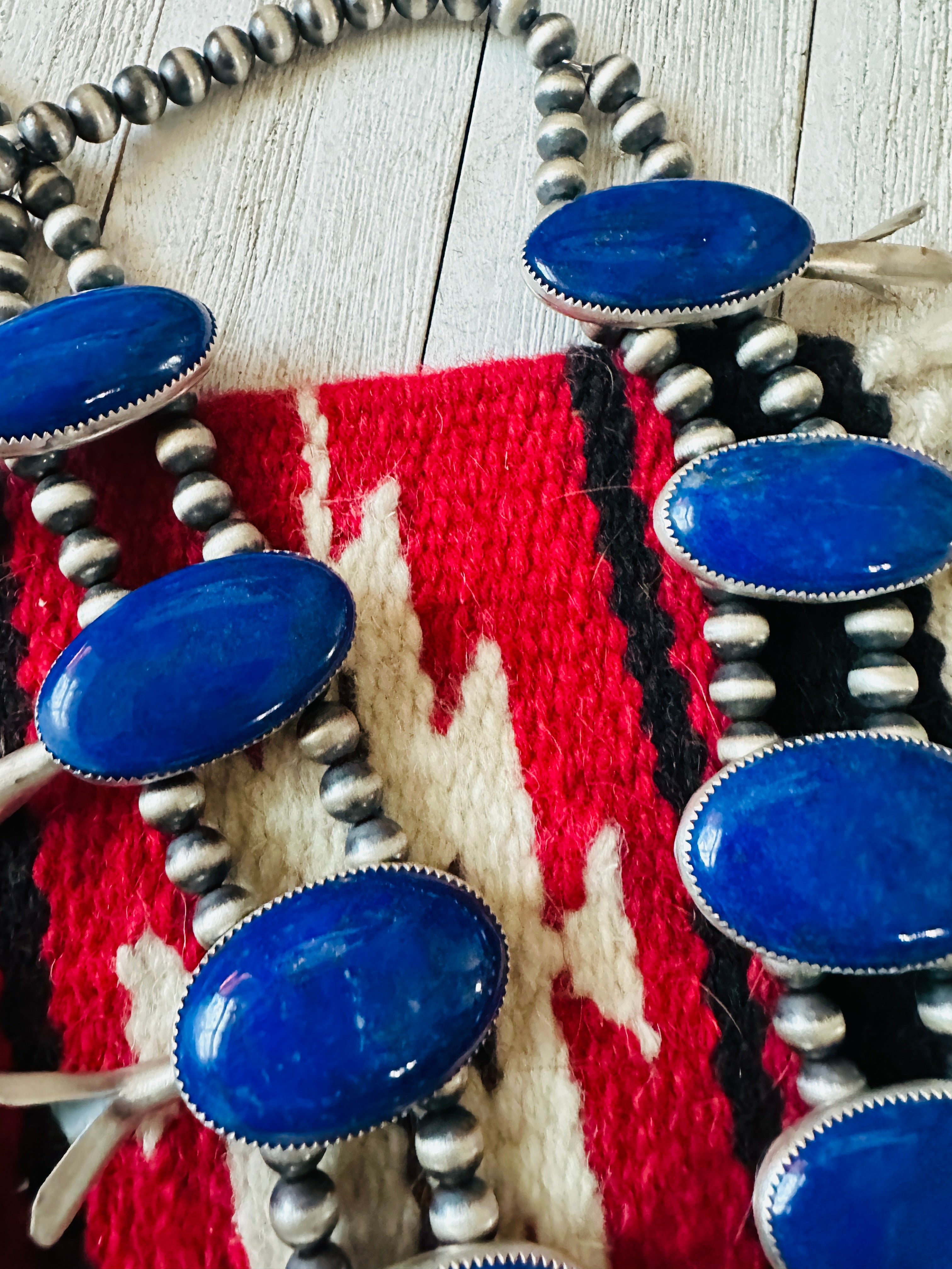 Vintage Old Pawn Navajo Lapis & Sterling Silver Beaded Squash Blossom Necklace Set