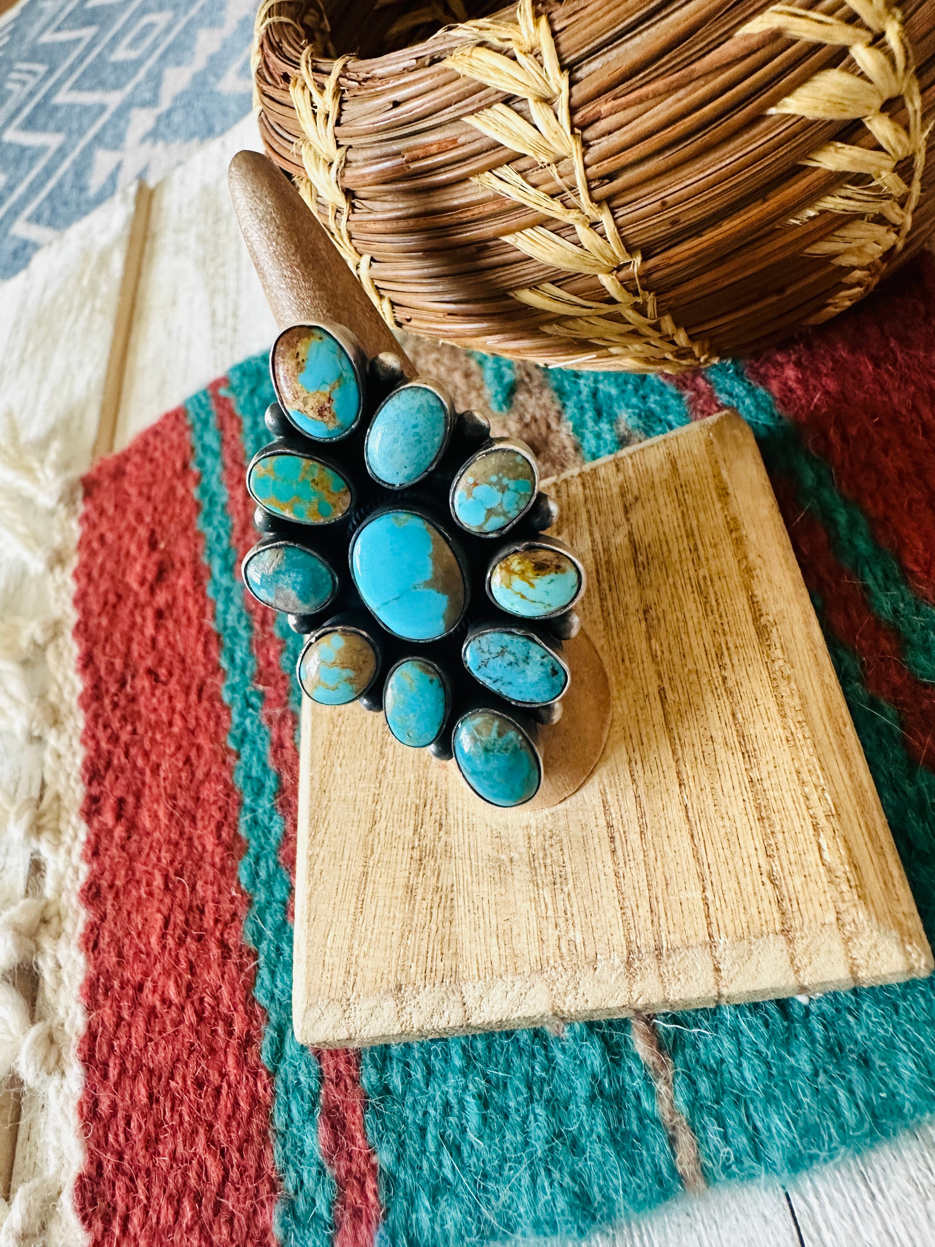 Navajo Turquoise & Sterling Silver Cluster Ring Size 6.5