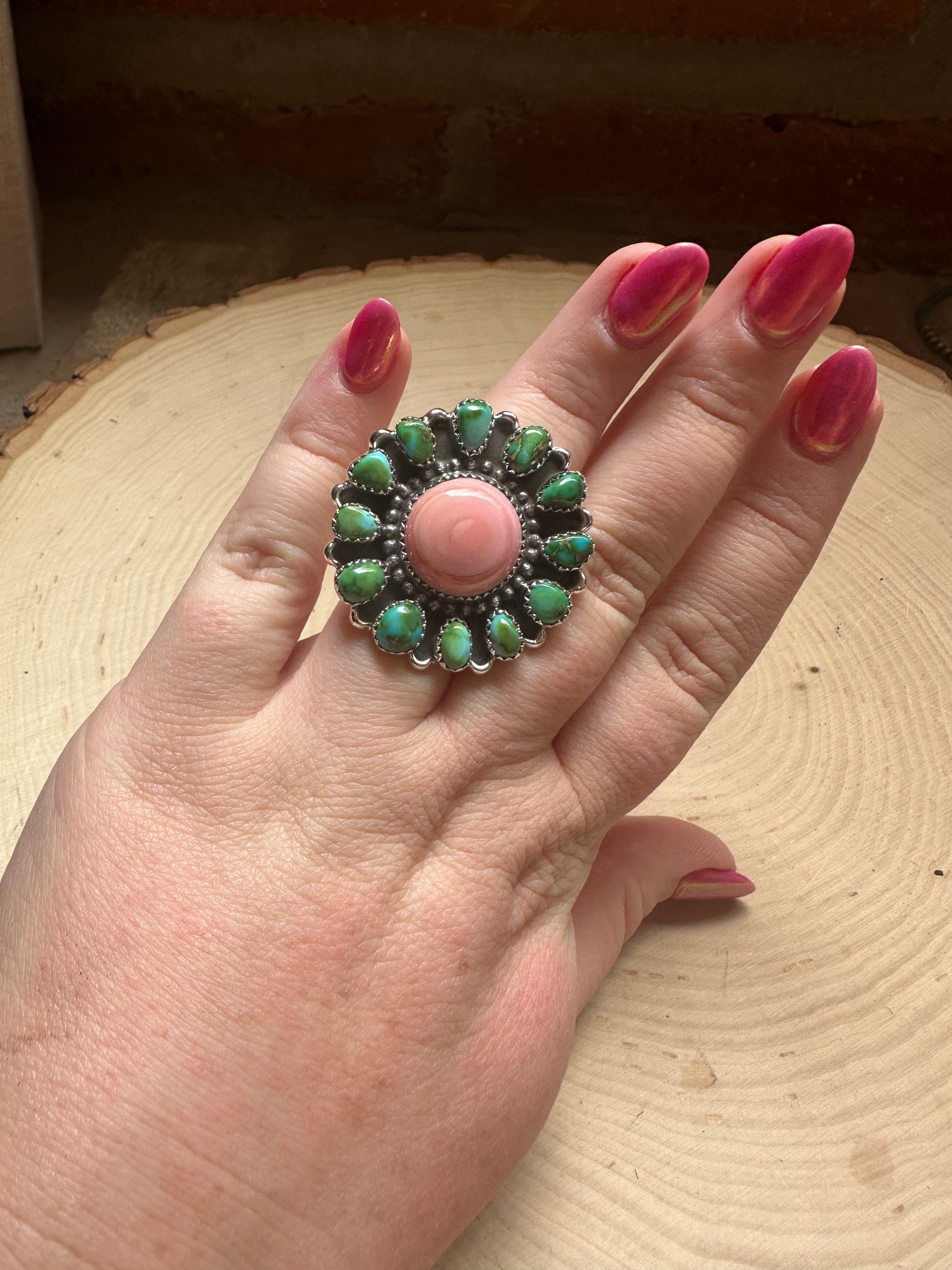 Handmade Sonoran Turquoise, Pink Conch And Sterling Silver Adjustable Ring Signed Nizhoni