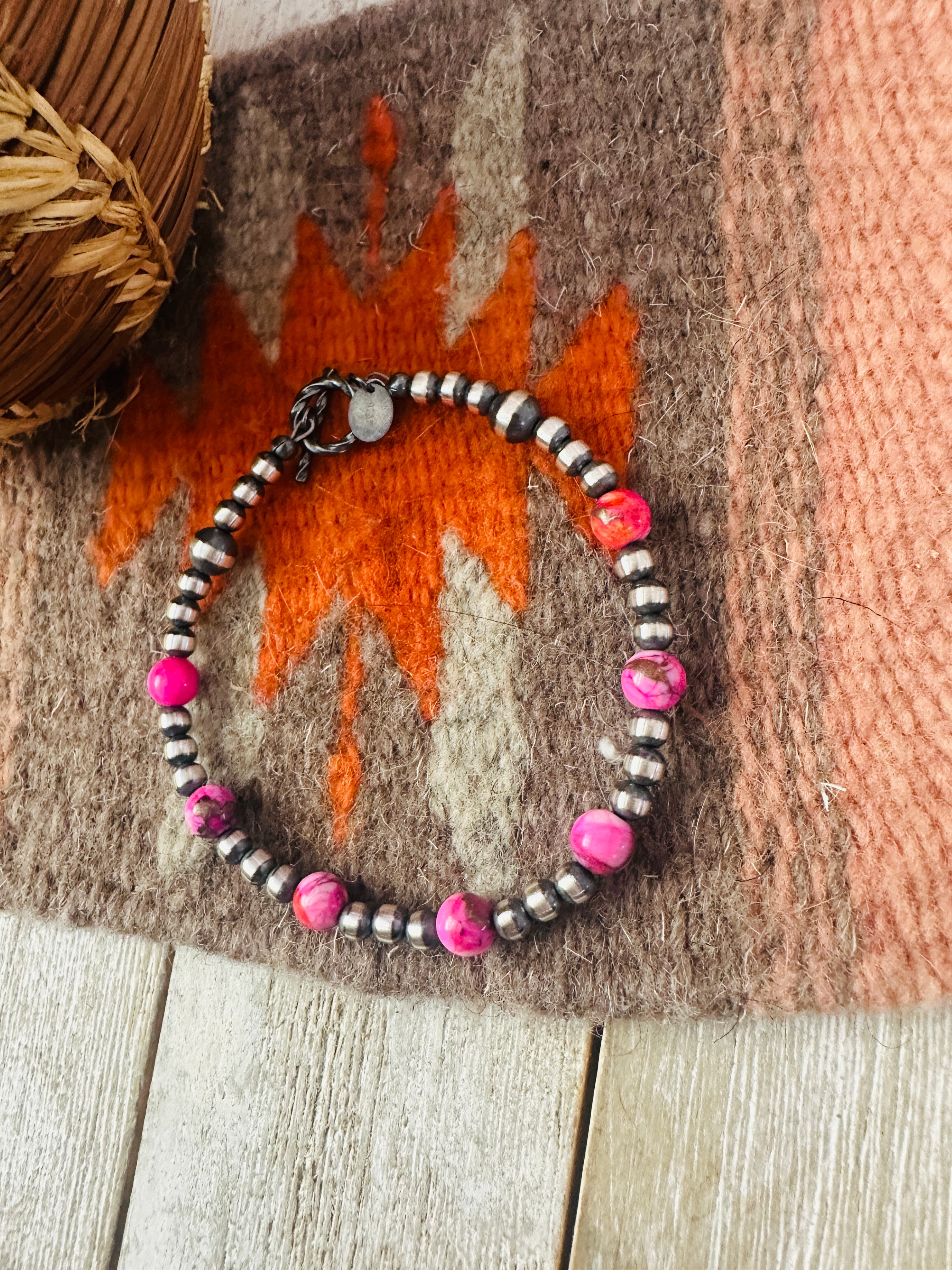 Handcrafted Pink Mojave and Sterling Silver Pearl Beaded Bracelet