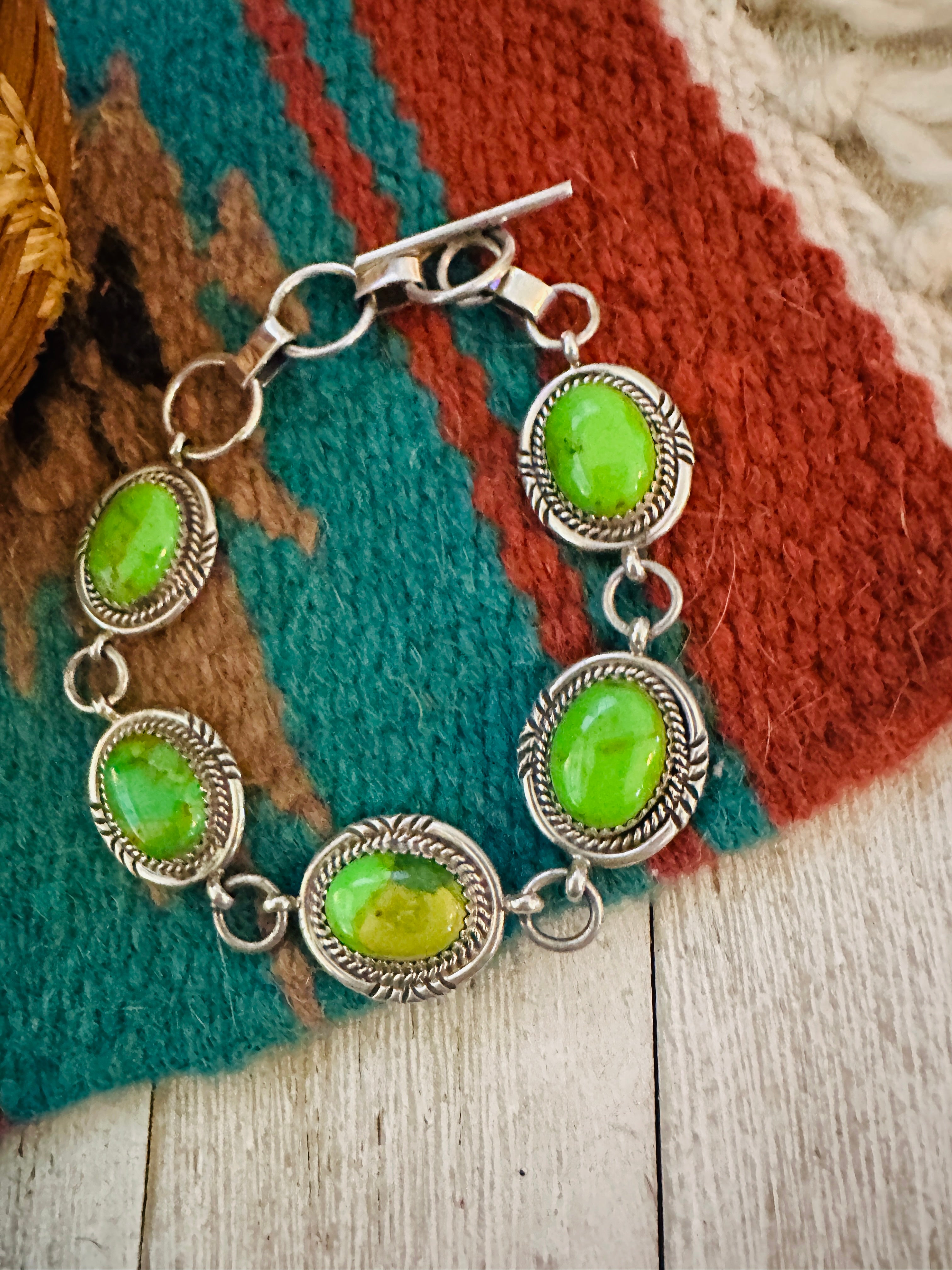 Handcrafted Green Kingman Turquoise & Sterling Silver Link Bracelet