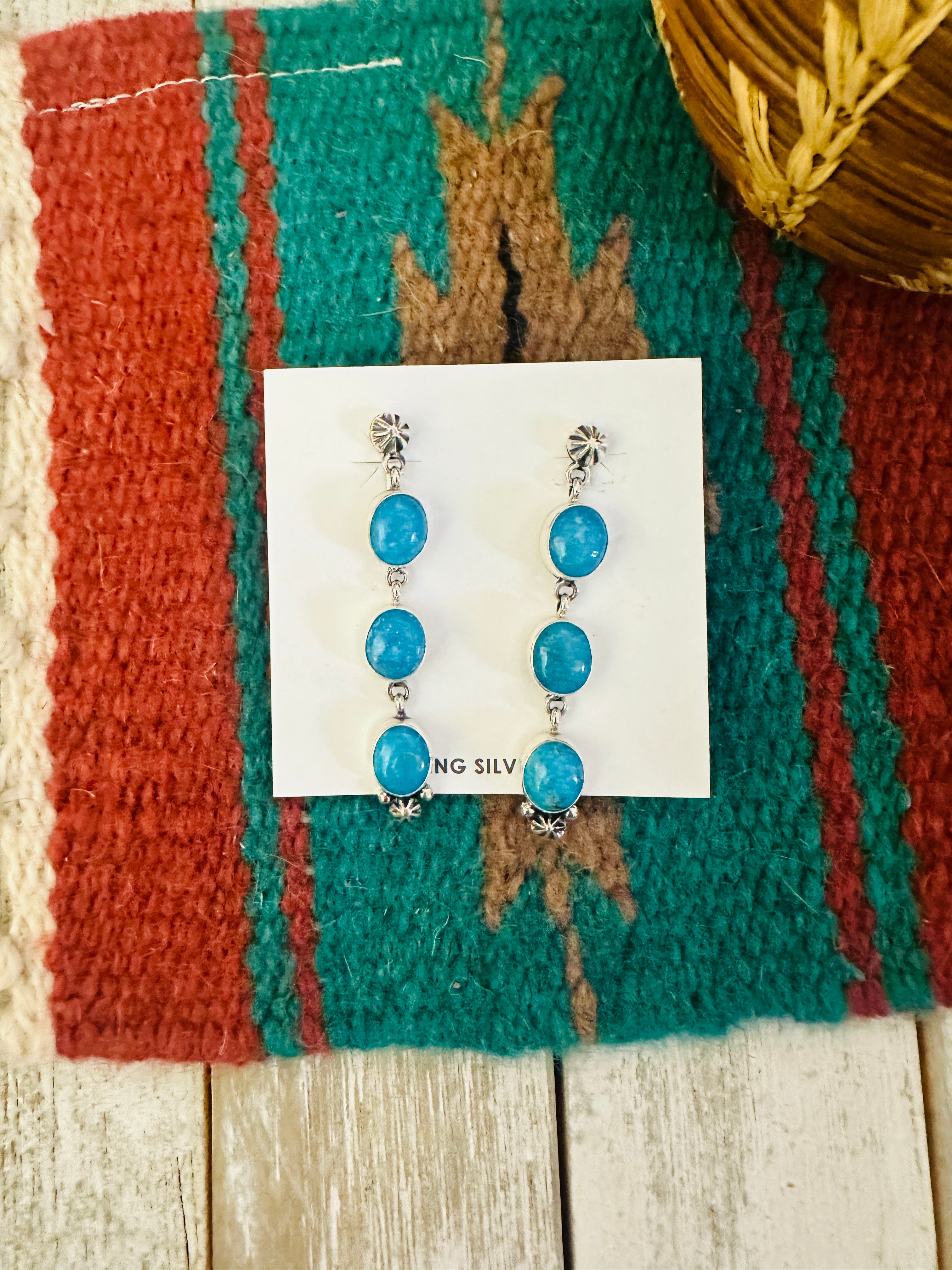 Navajo Kingman Turquoise And Sterling Silver Dangle Earrings