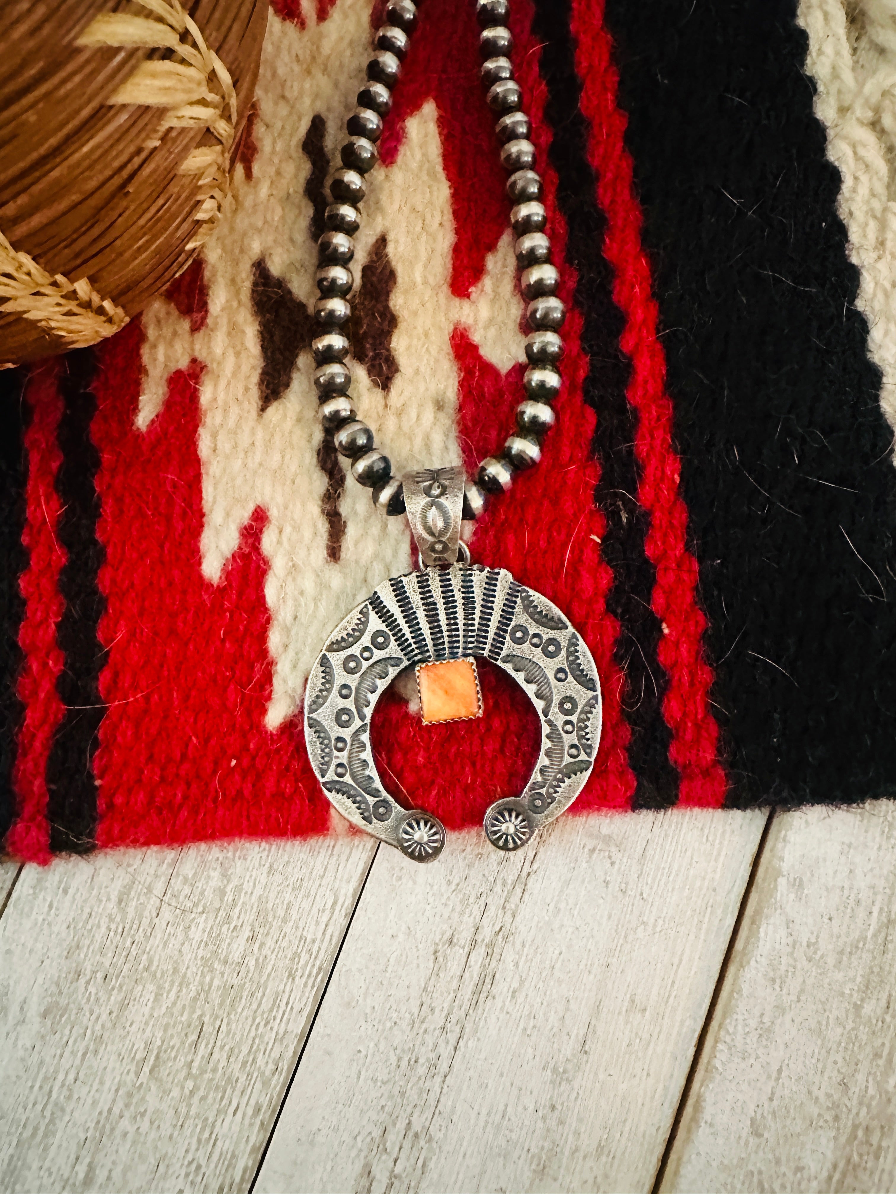 Navajo Sterling Silver & Orange Spiny Naja Pendant by Kevin Billah