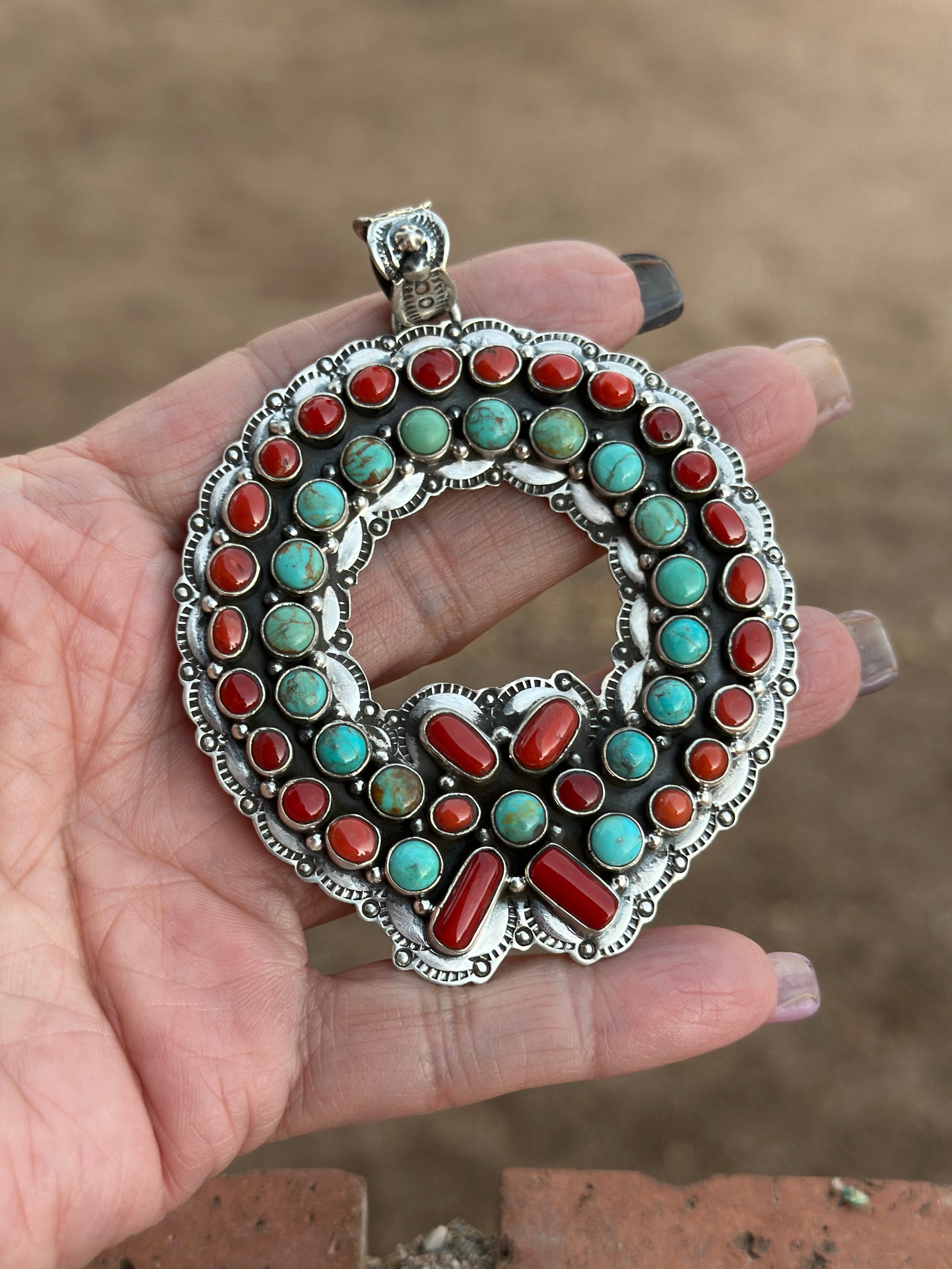 Handmade Sterling Silver, Coral & Kingman Turquoise Christmas Wreath Pendant