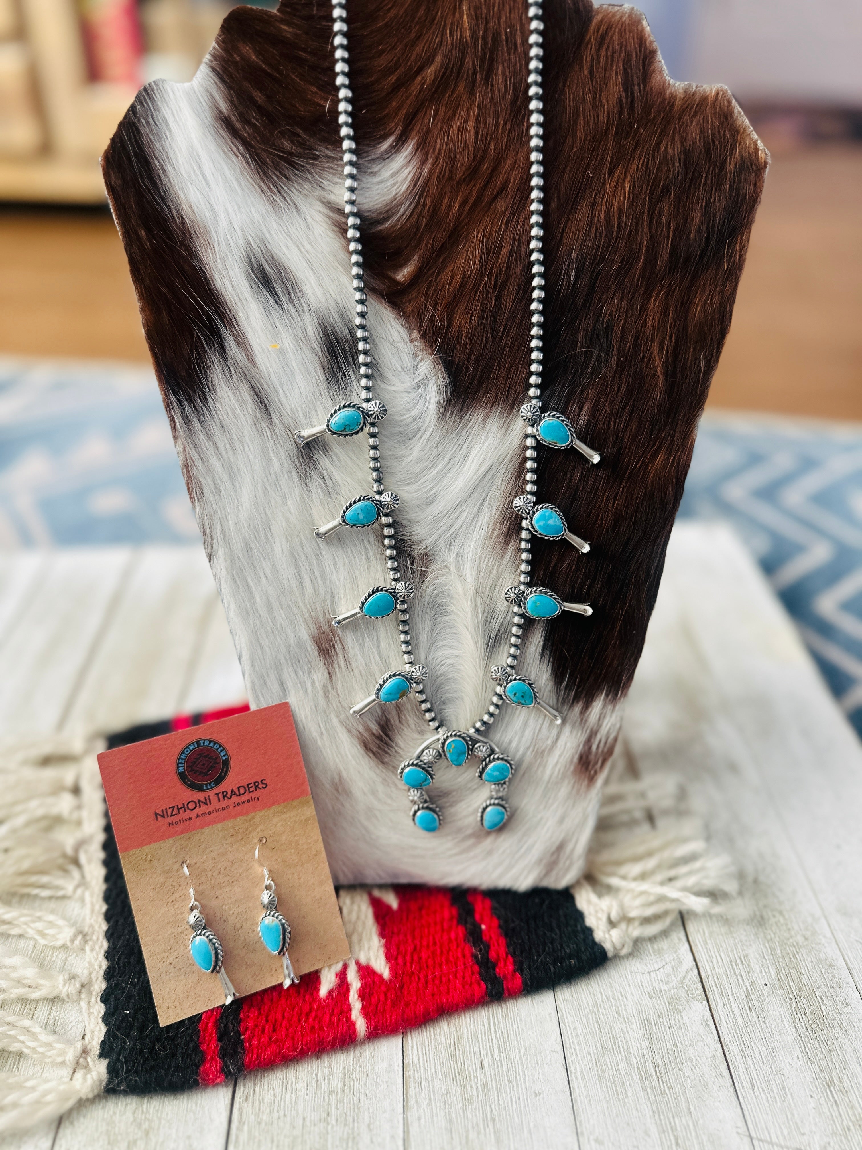 Handcrafted Turquoise & Sterling Silver Squash Blossom Necklace Set