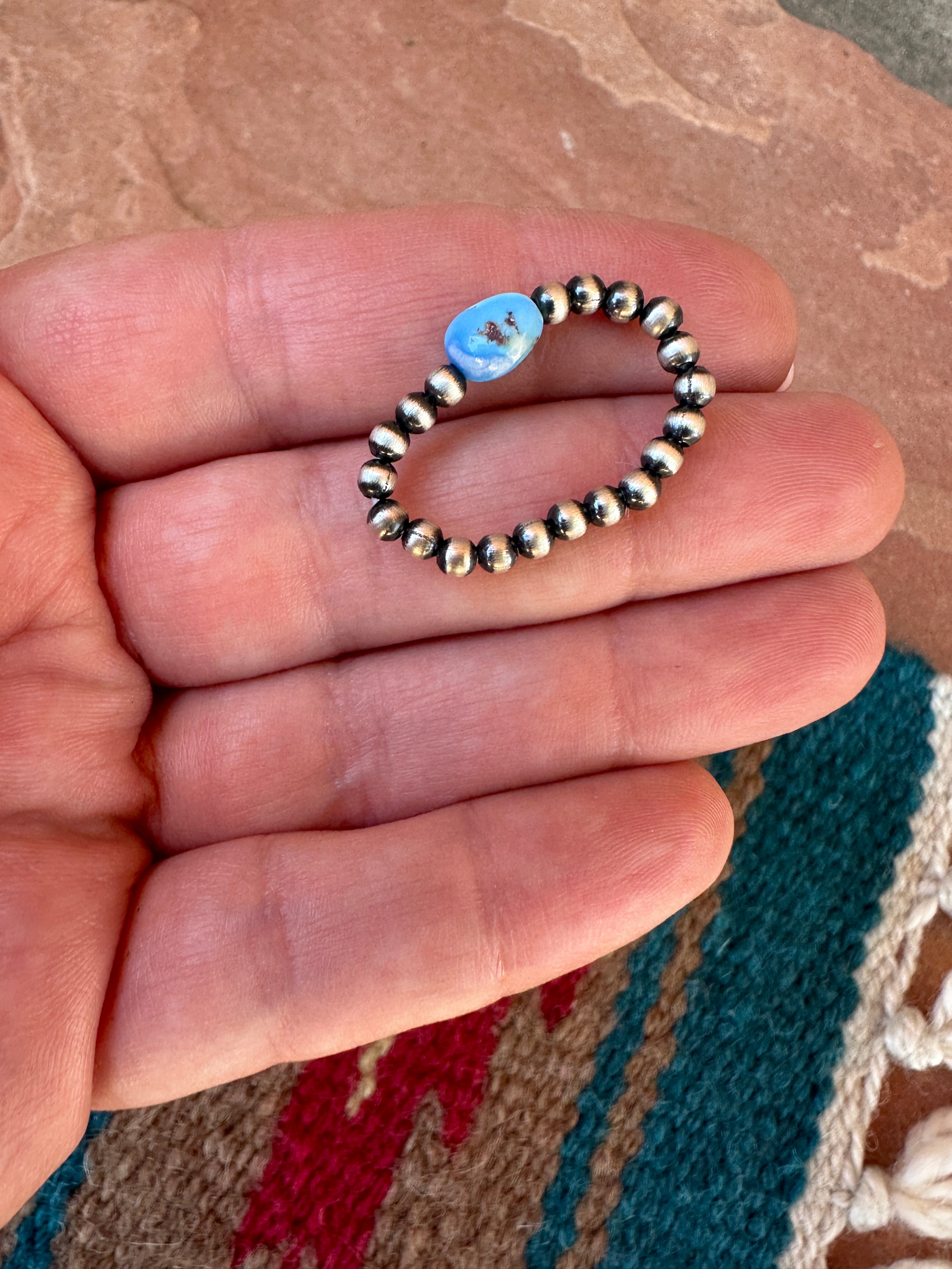 THE VENICE BAND Handmade Sterling Silver Navajo Pearl Style Golden Hills Turquoise Beaded Stretch Ring