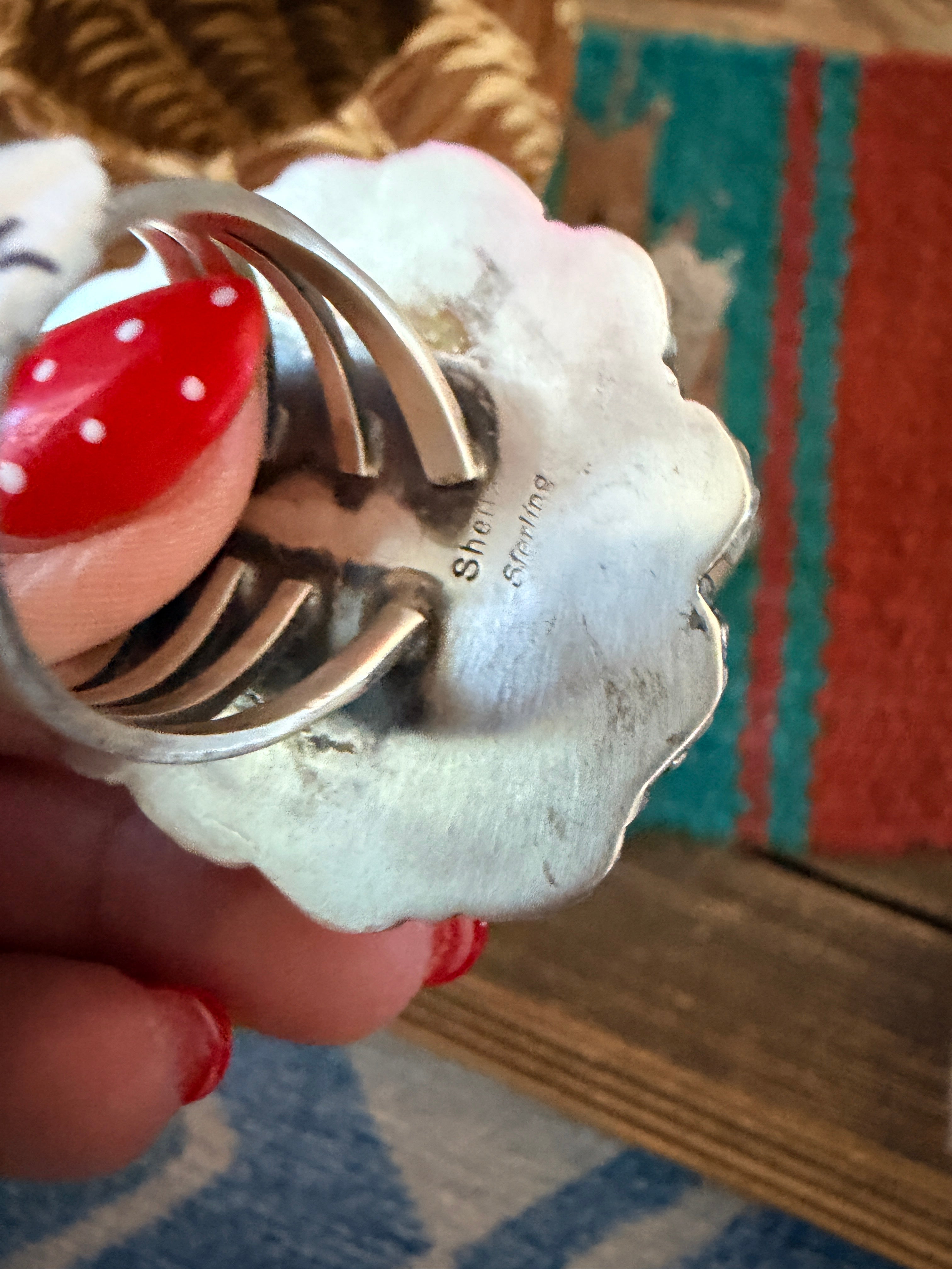 Handcrafted Spiny Oyster, Turquoise & Sterling Silver Cluster Ring by Sheila Becenti Size 10