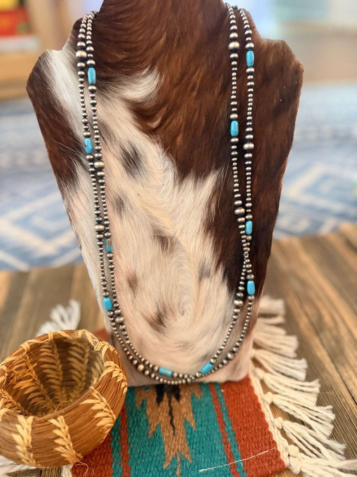 Handcrafted Turquoise & Sterling Silver Pearl Beaded 72” Necklace