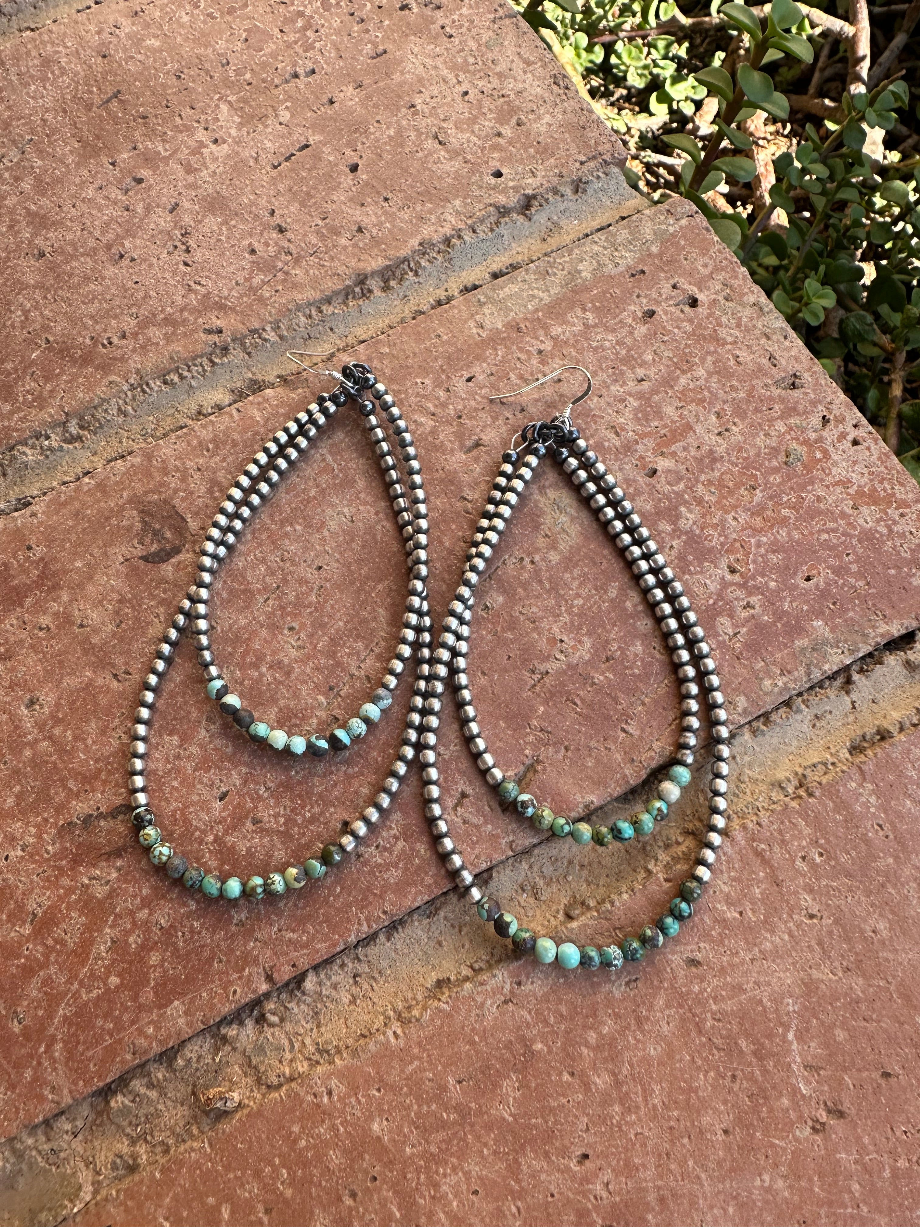 Navajo Turquoise & Sterling Silver Beaded Double Hoop Dangle Earrings