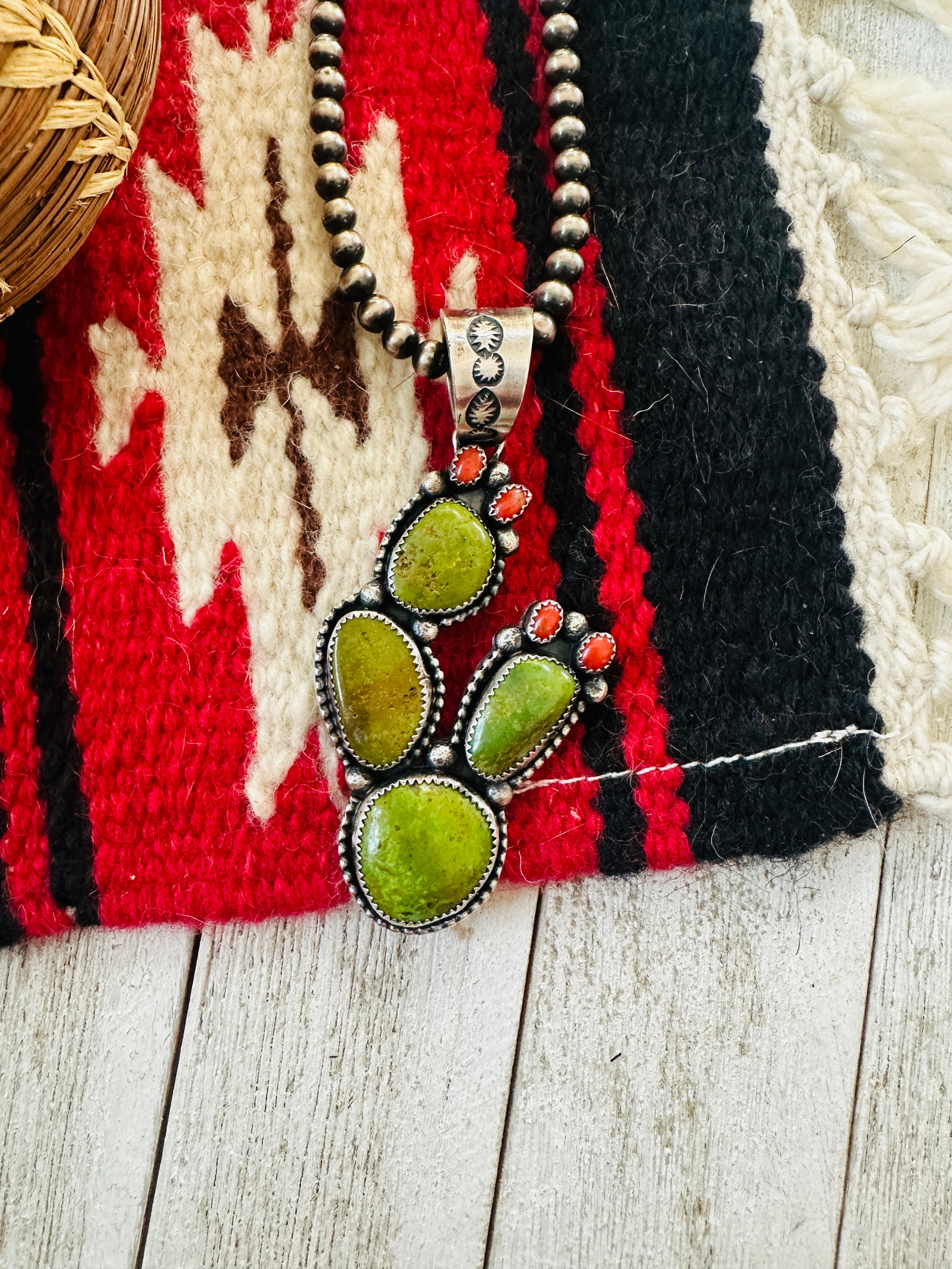 Navajo Turquoise, Coral and Sterling Silver Cactus Pendant