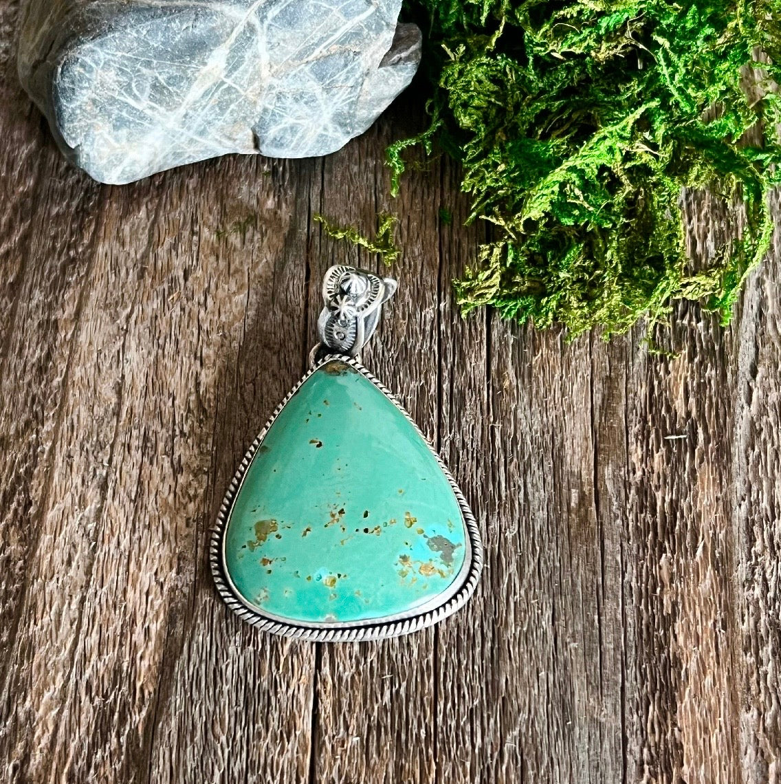 Handmade Green Turquoise Tear Drop Sterling Silver Pendant