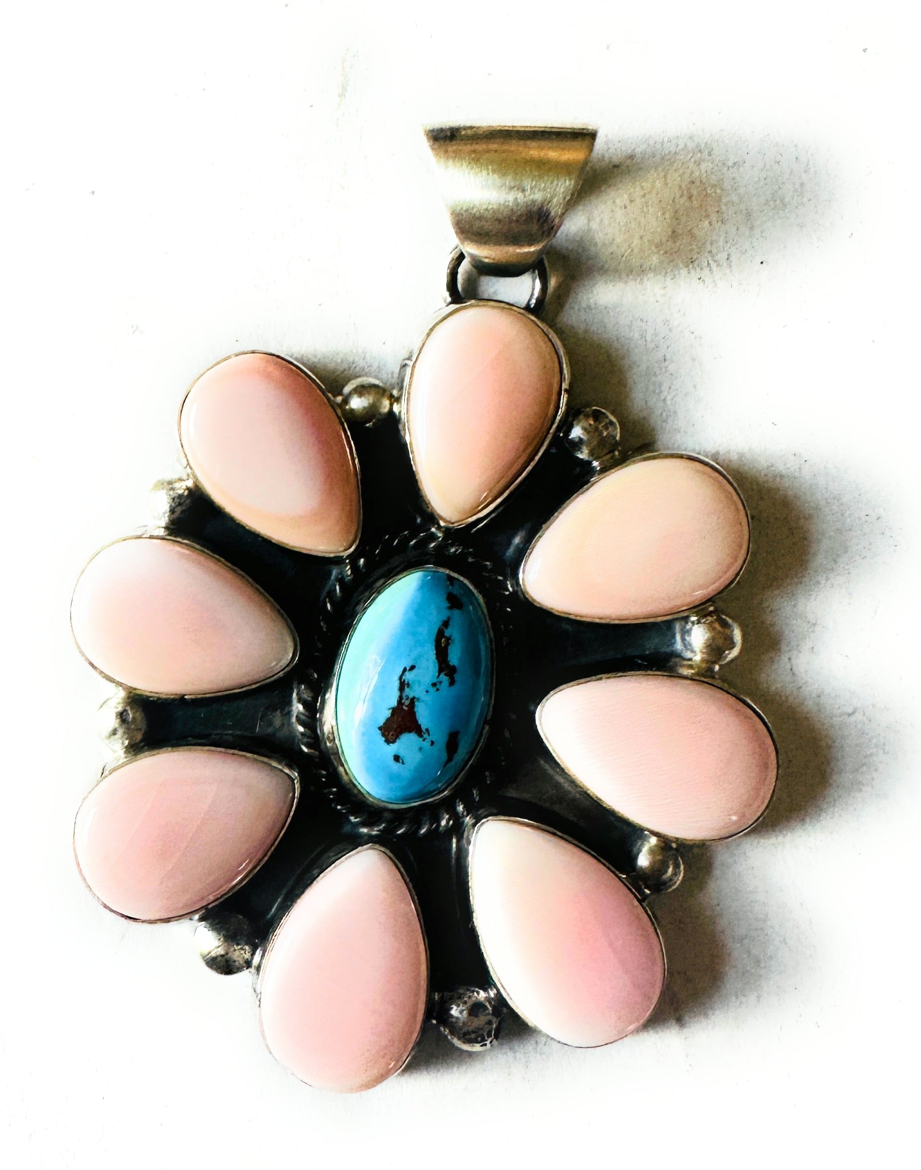 Navajo Queen Pink Conch, Turquoise & Sterling Silver Cluster Pendant