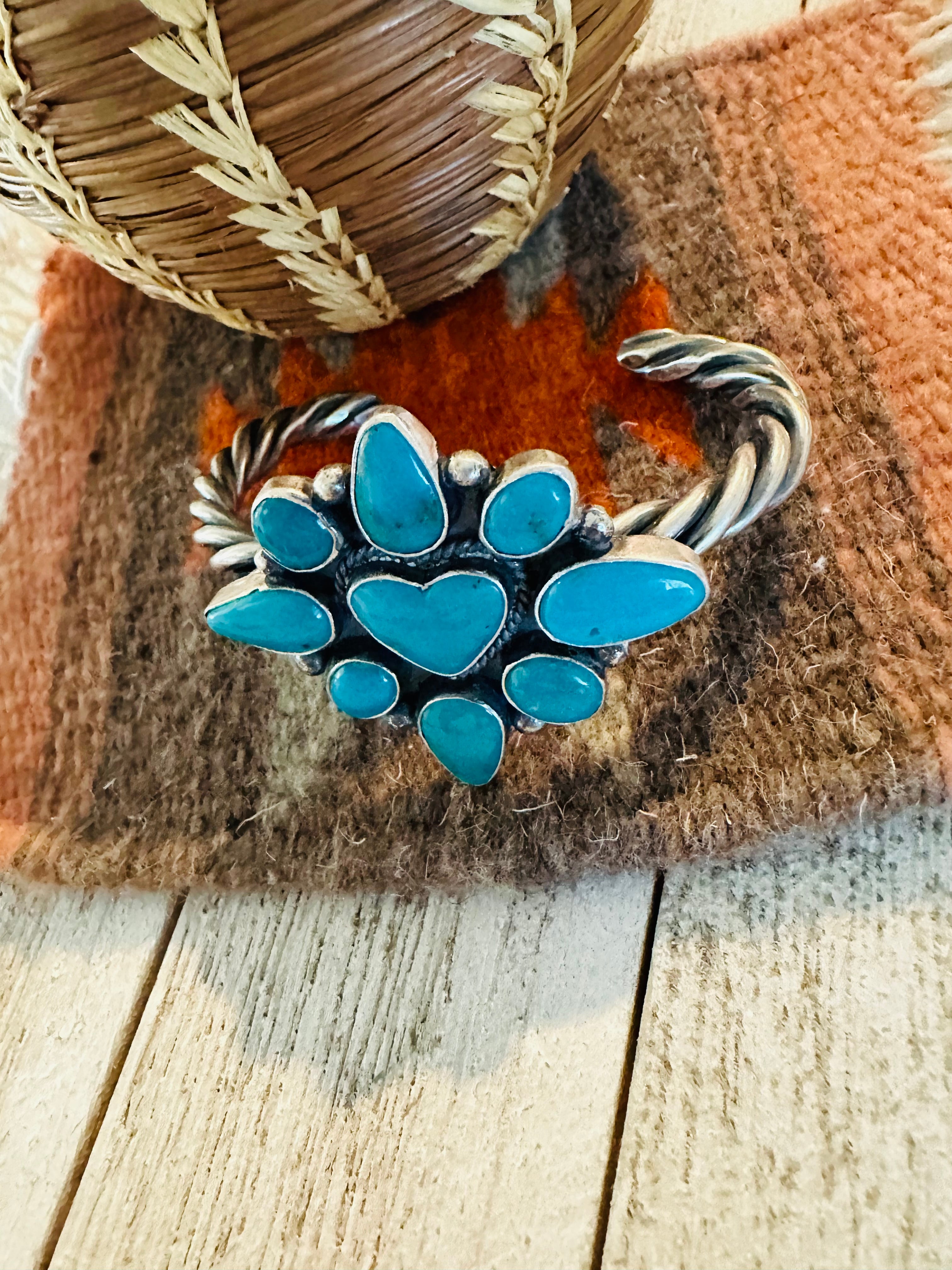 Navajo Kingman Turquoise & Sterling Silver Heart Cuff Bracelet