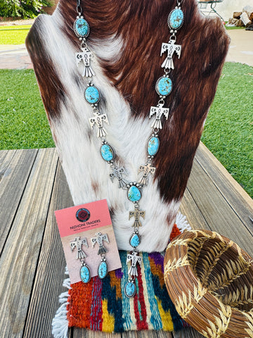 Handcrafted Turquoise & Sterling Silver Thunderbird Necklace and Earring Set by Fred Francis