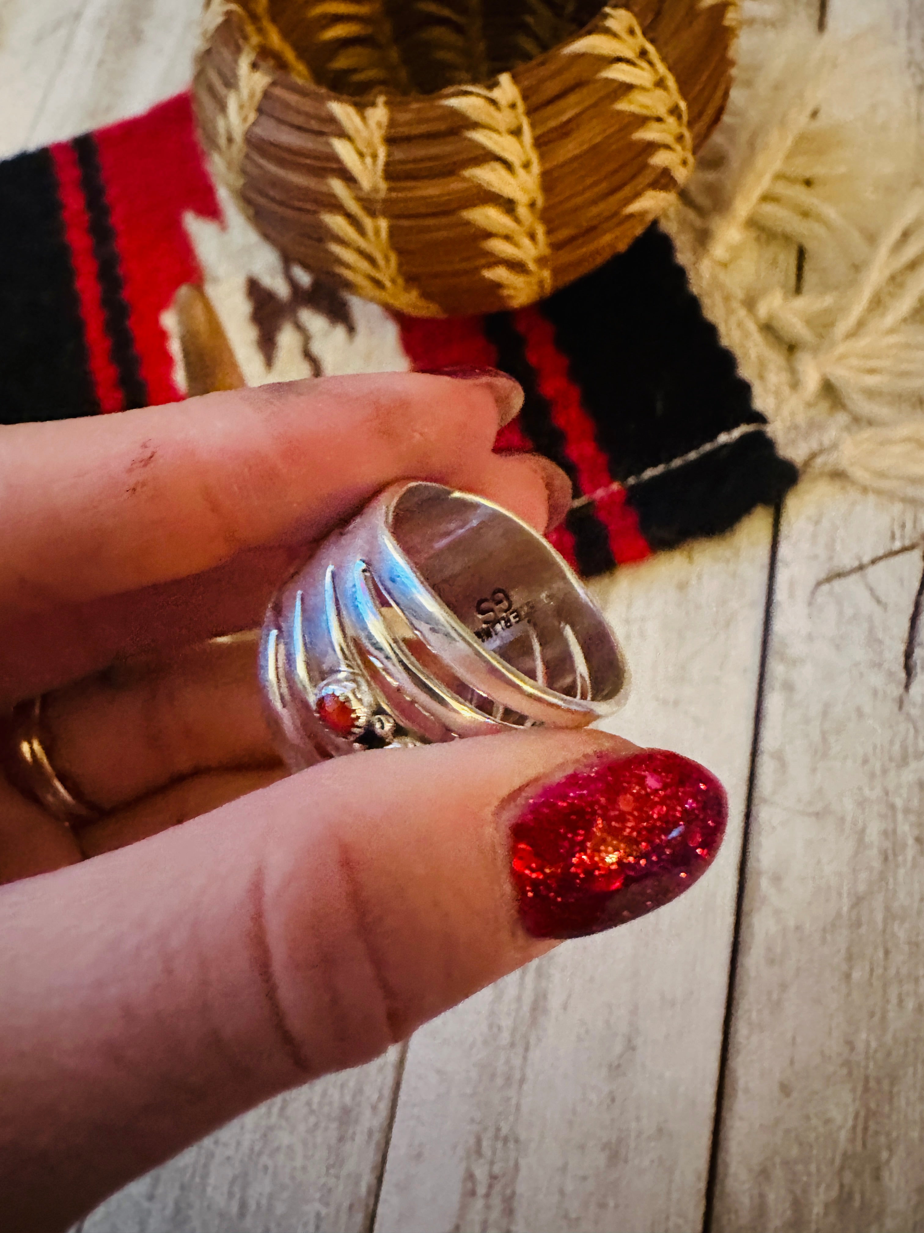 Navajo Coral & Sterling Silver Bar Ring