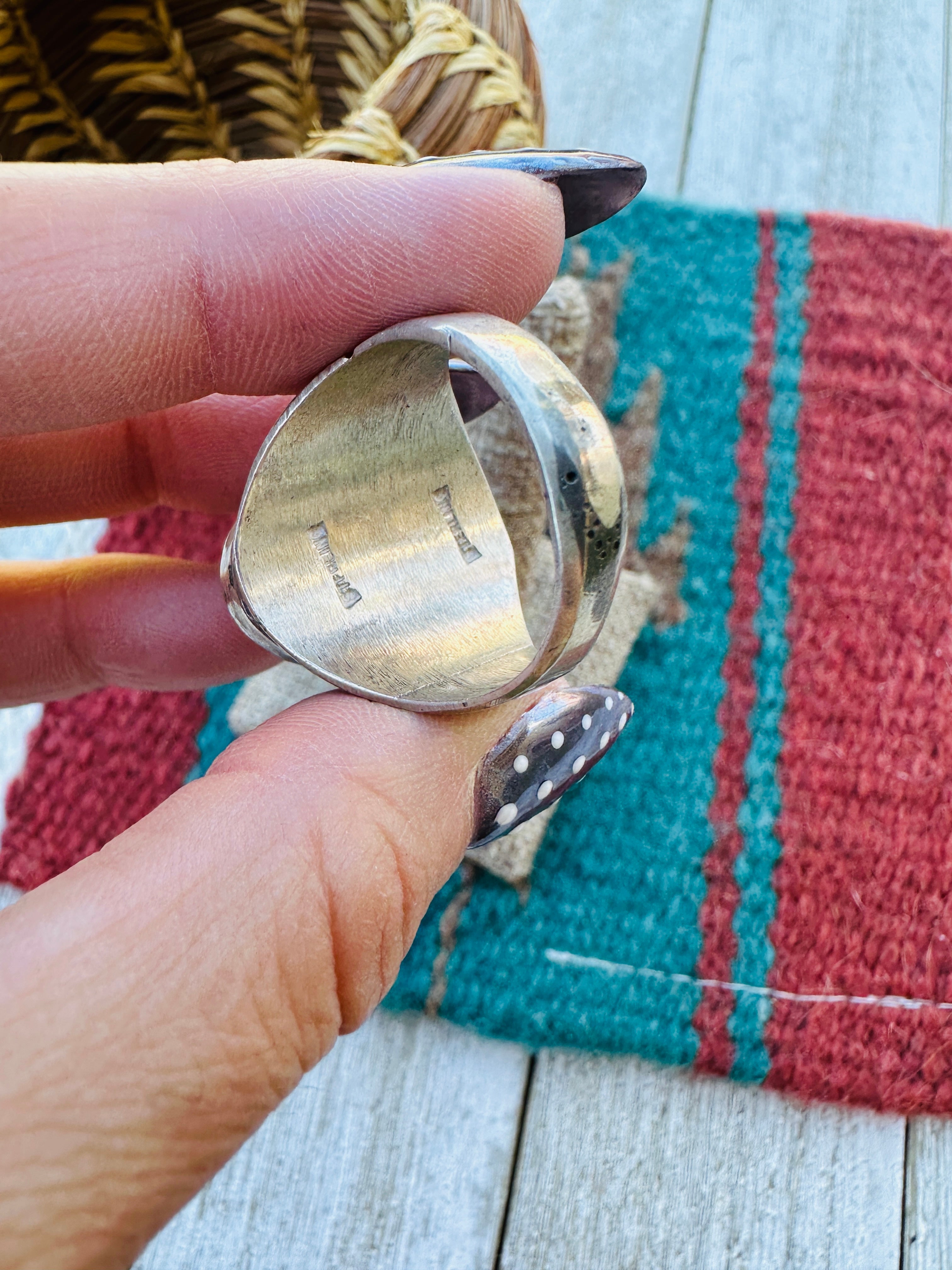 Old Pawn Handcrafted Opal, Onyx & Sterling Silver Inlay Ring Size 11