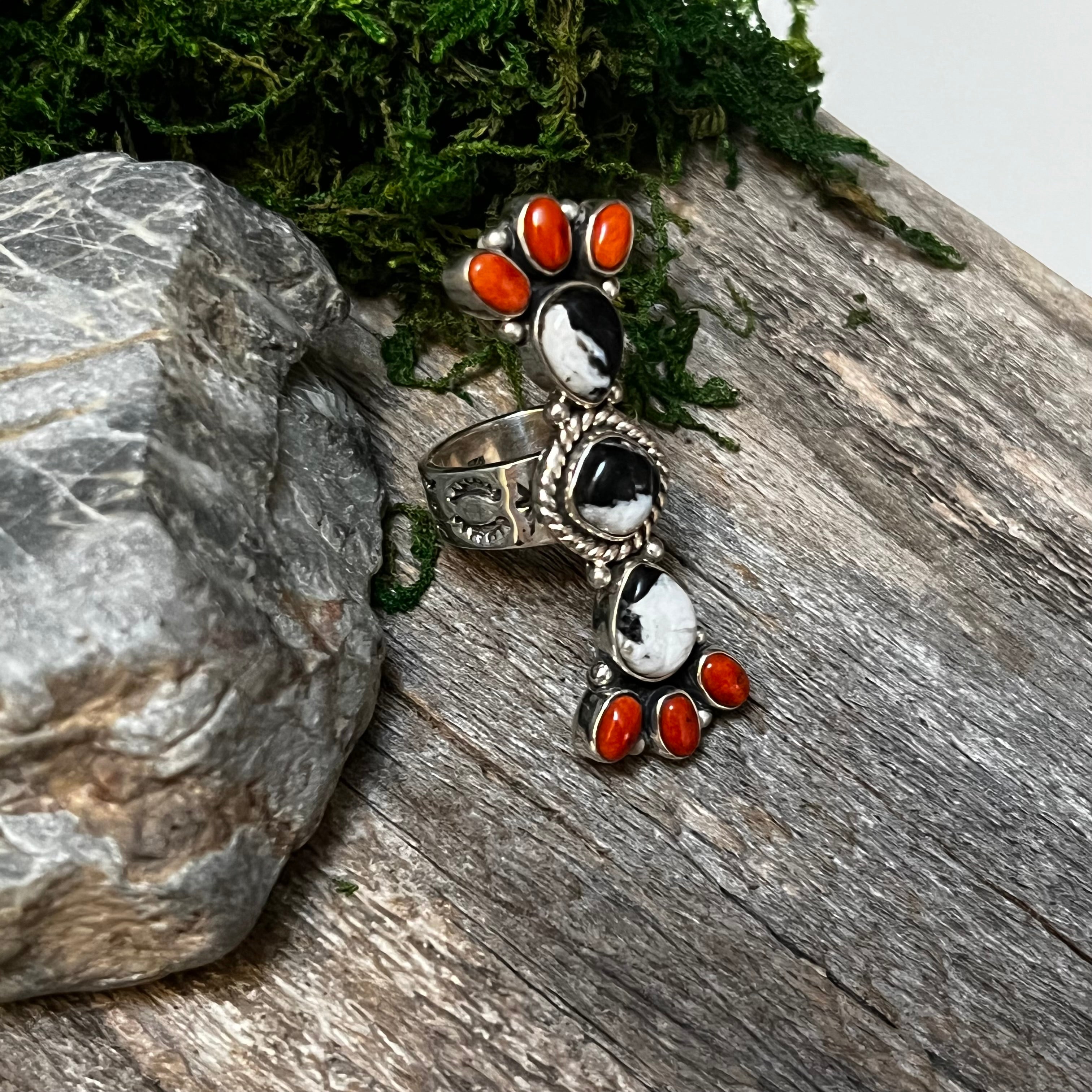 Handmade Coral & White Buffalo Sterling Silver Cluster Ring