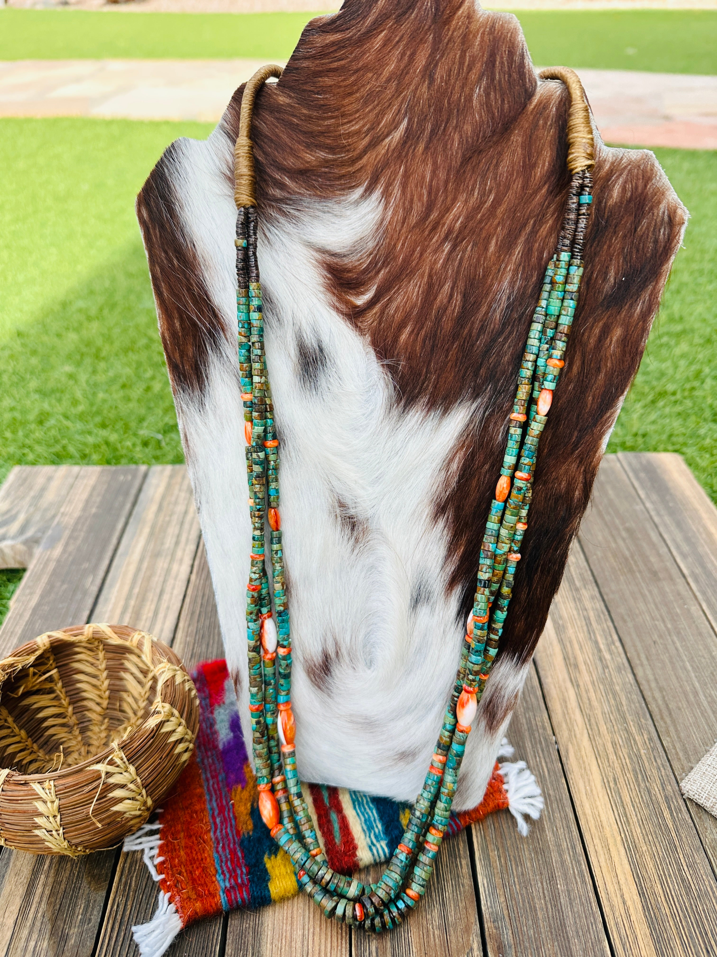 Handcrafted Turquoise, Spiny & Heishi Triple Strand Beaded Necklace