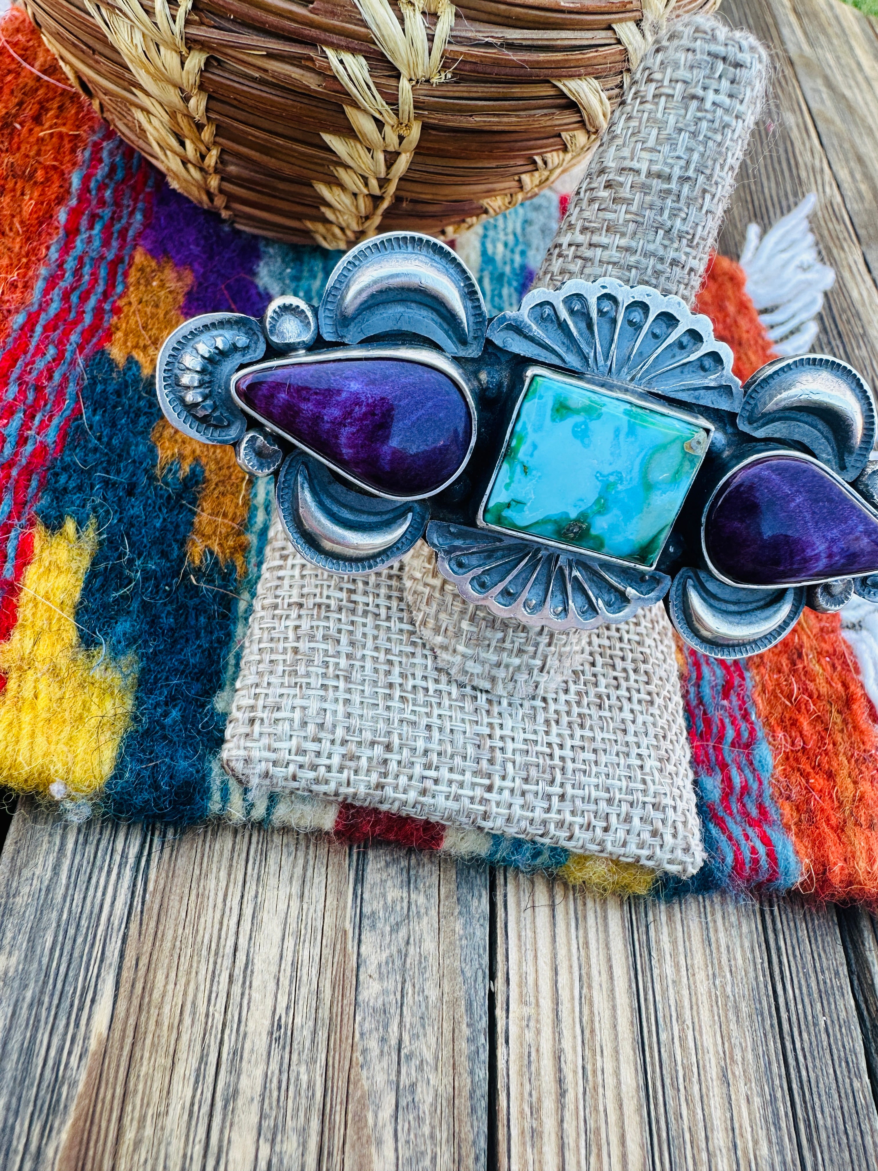 Handcrafted Turquoise, Spiny Oyster & Sterling Silver Adjustable Ring by Leon Martinez