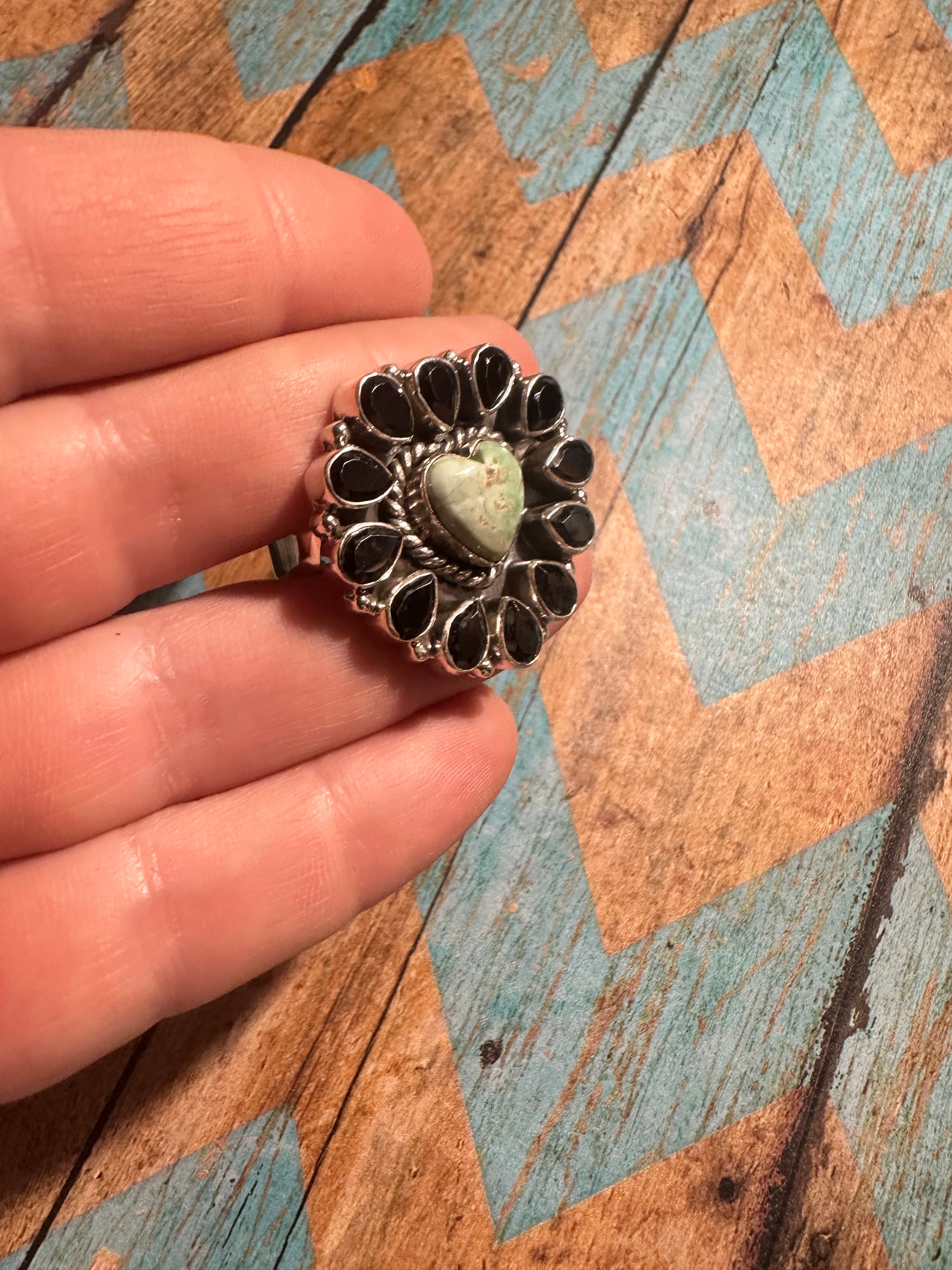 Beautiful Handmade Palomino Turquoise, Onyx And Sterling Silver Adjustable Heart Ring