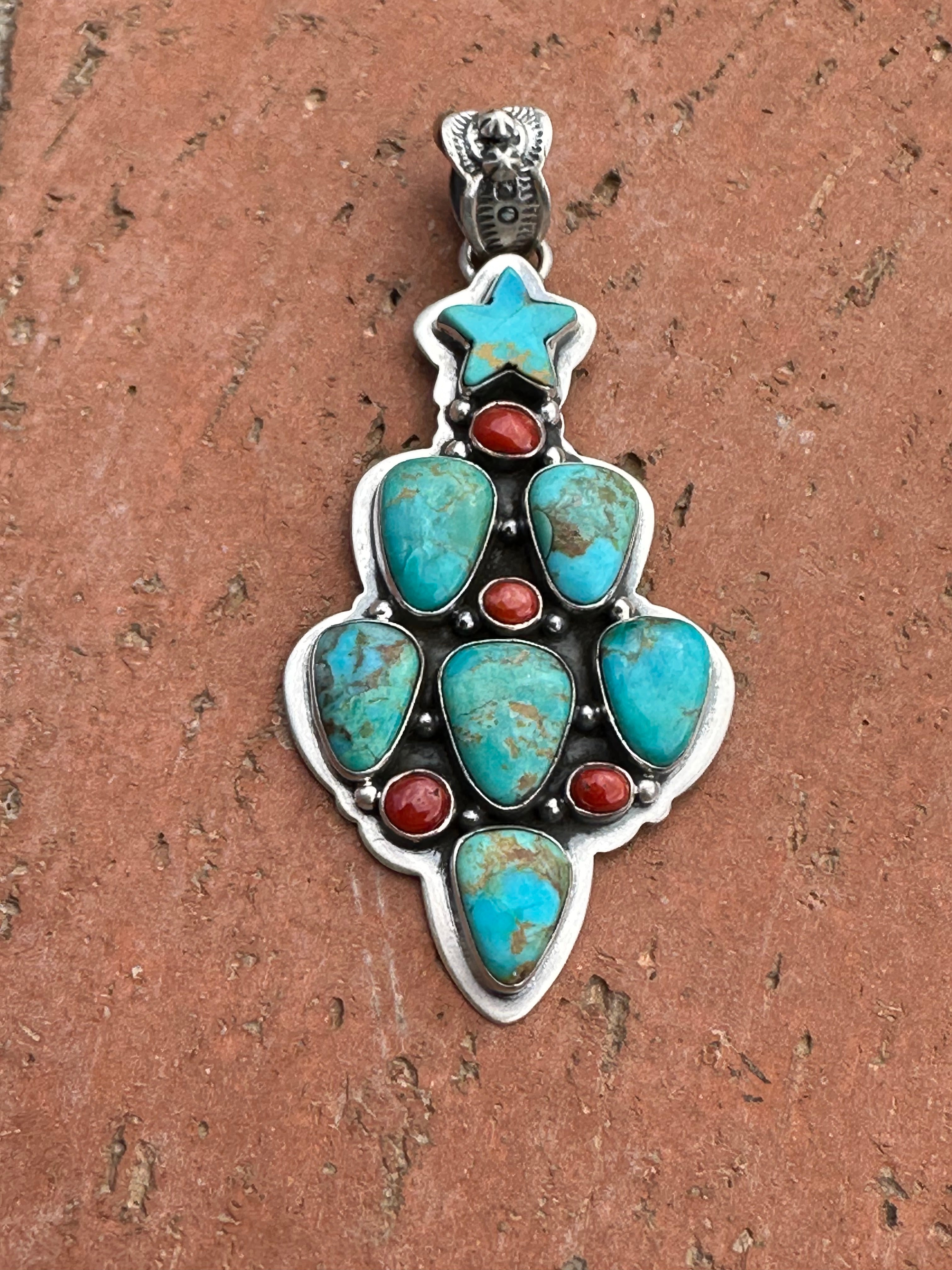 Handmade Sterling Silver, Coral & Turquoise Christmas Tree Pendant